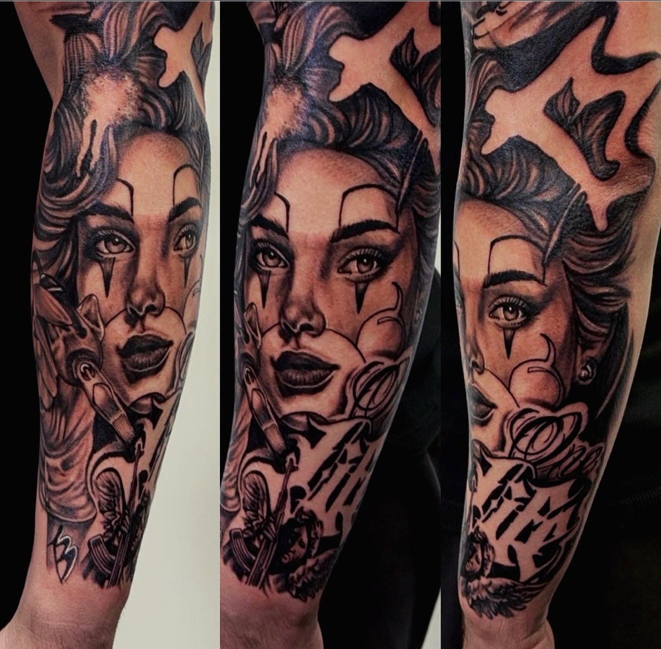 Woman's face realism tattoo on the forearm by Tattoosbybeanz