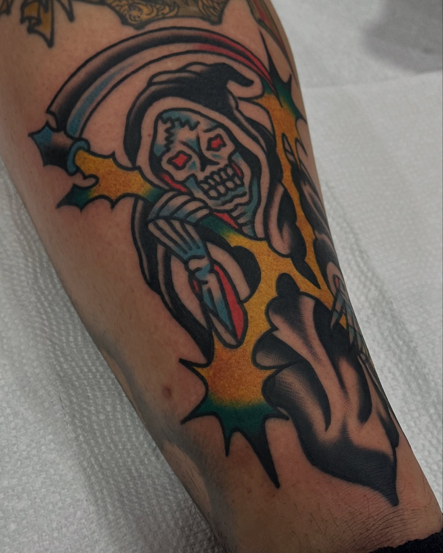 Reaper American traditional tattoo on the forearm by Steve Pearson