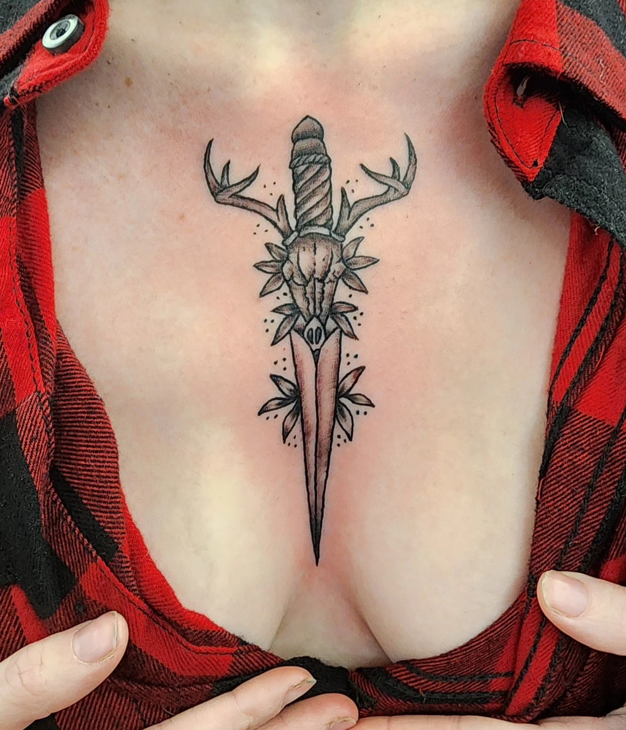 Sword and antlers black and grey tattoo on the chest by @thedevilspaintbrush_