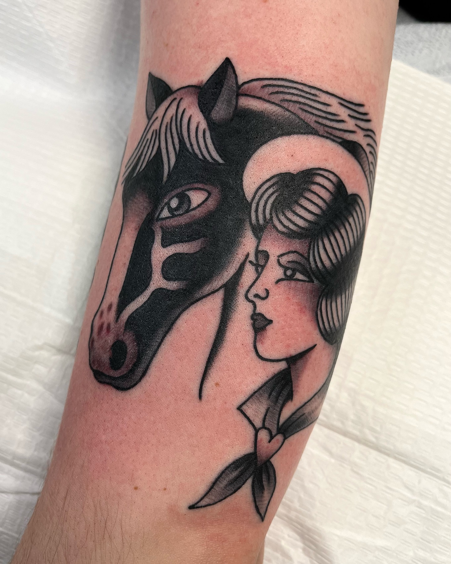 Woman and horse realism tattoo on the forearm by 🌞all Bodies Welcome🌞