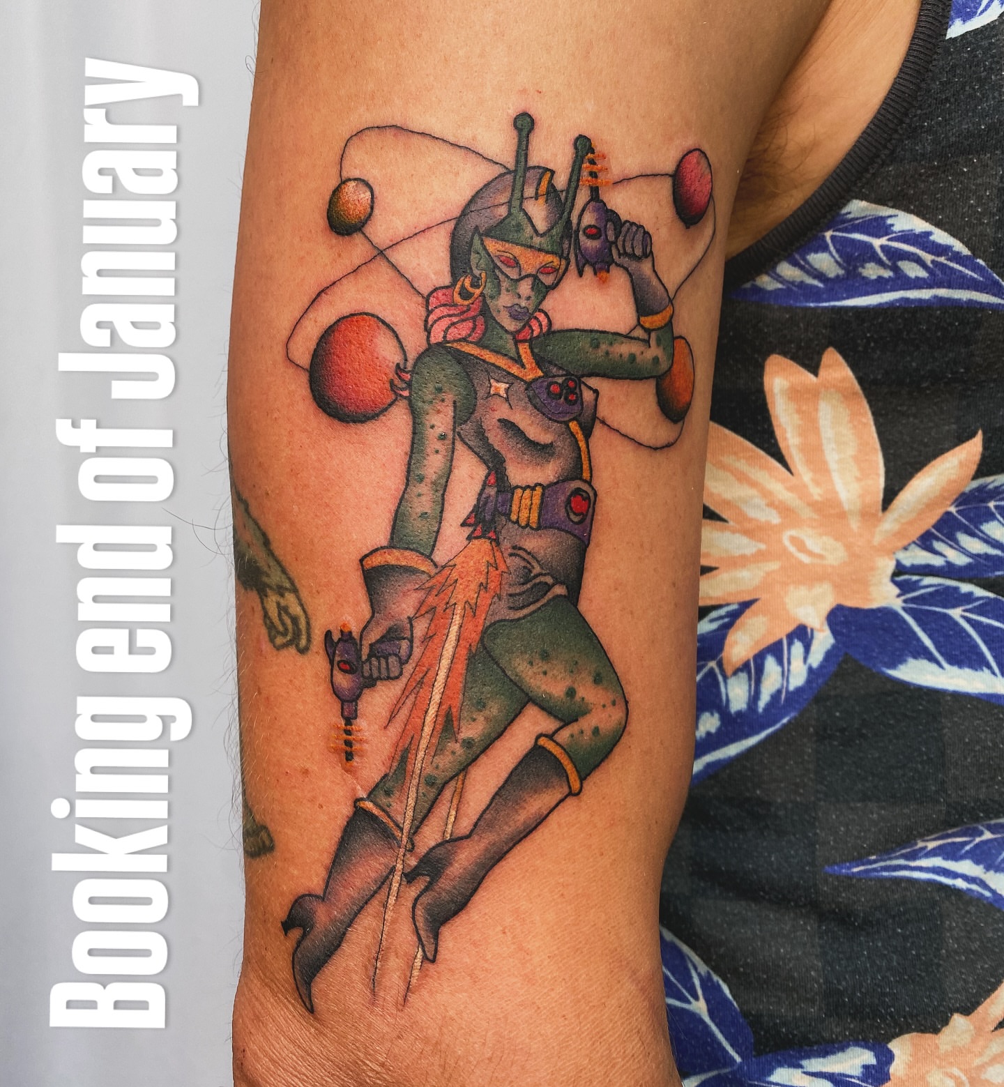 Alien warrior dotwork tattoo on the forearm by Adam Bailey, Portland, Oregon
