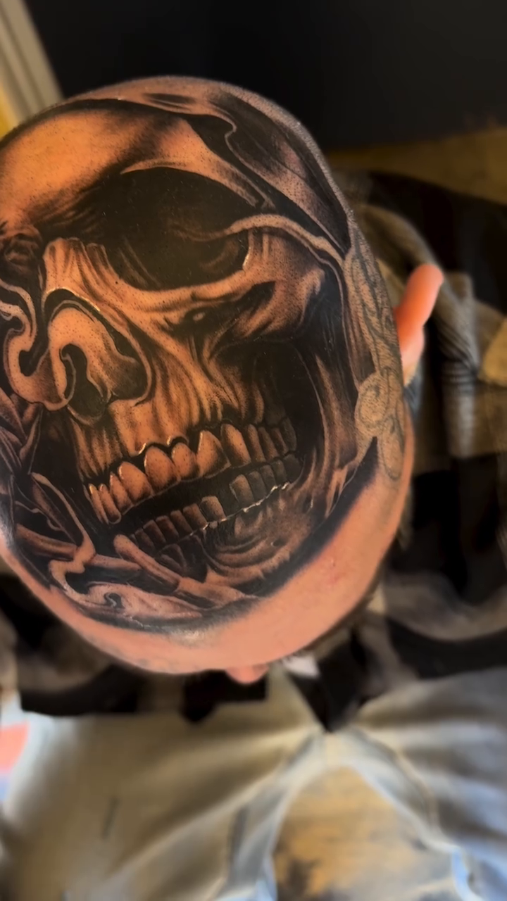 Skull dark realism tattoo by Antonio Pavić, Los Angeles, California