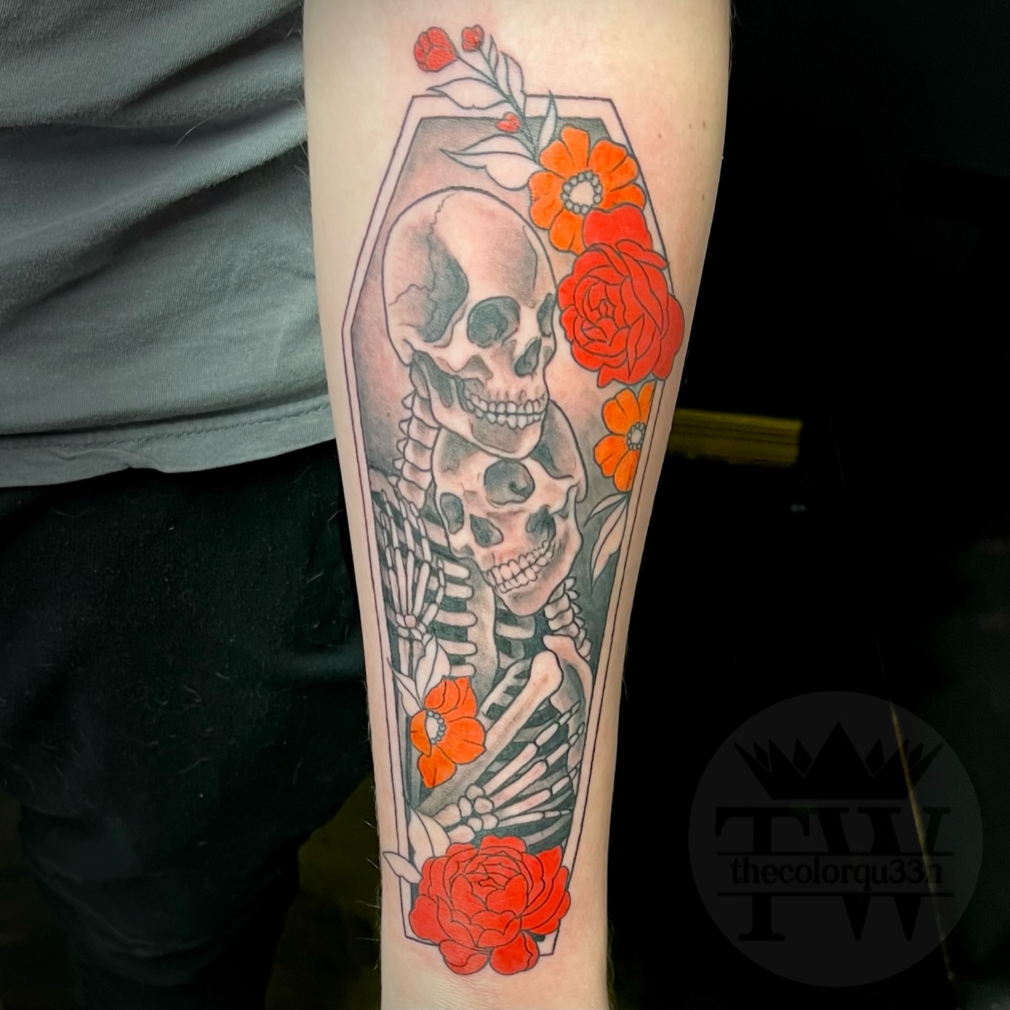 Skulls and flowers American traditional tattoo on the forearm by Taylor Tha Color Queen