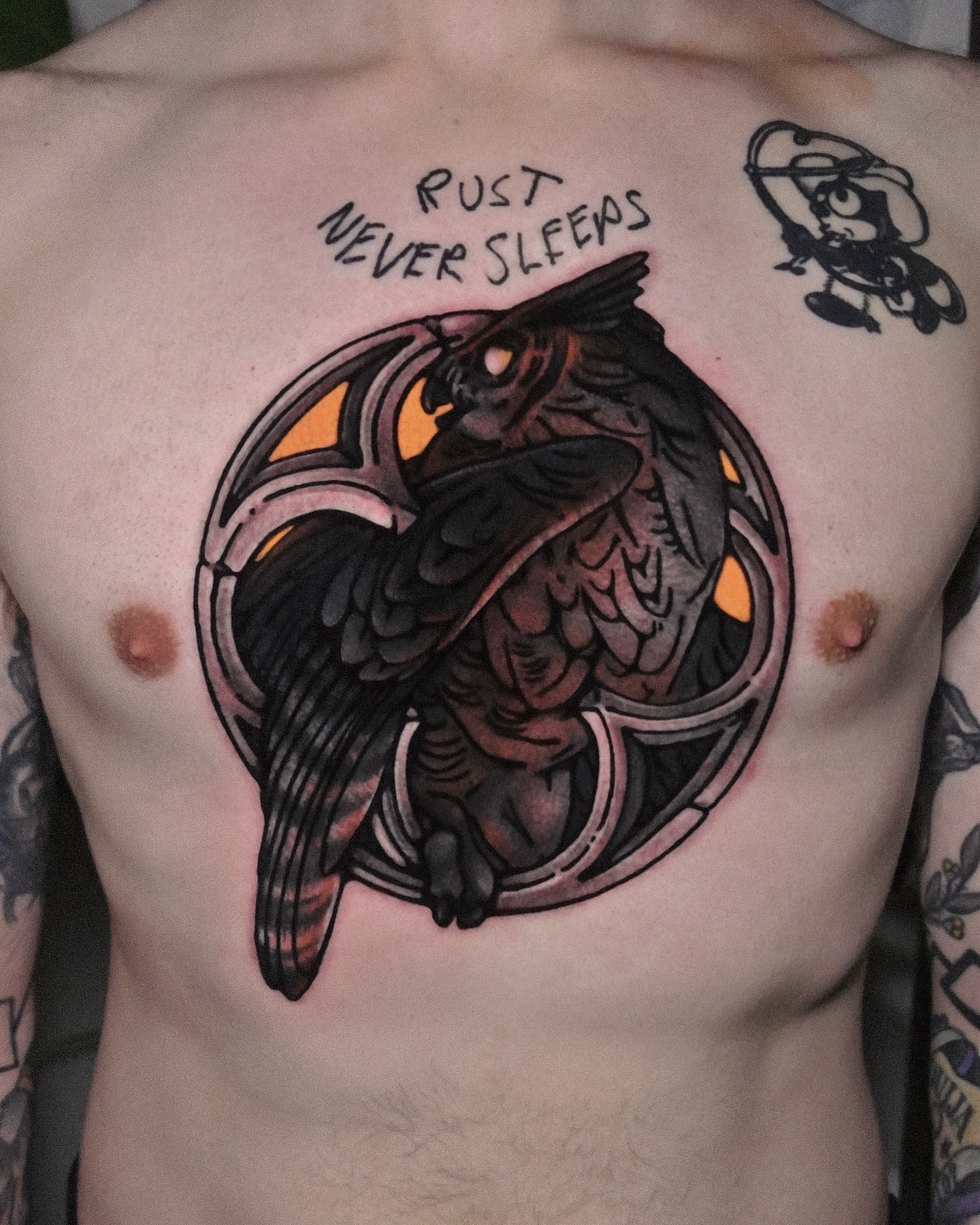 Owl American traditional tattoo on the chest by Last Year Of Disaster