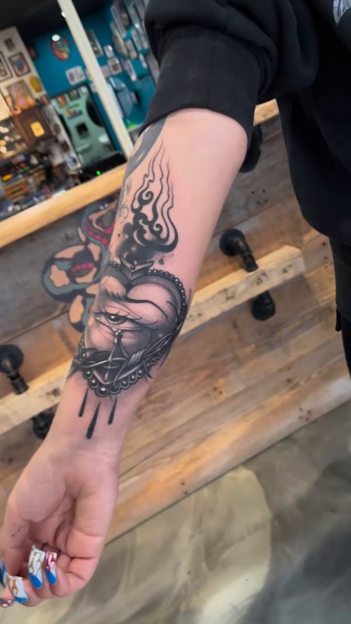 Sacred heart with snake and flames dark realism tattoo by ceci✨, Edinburg, Texas
