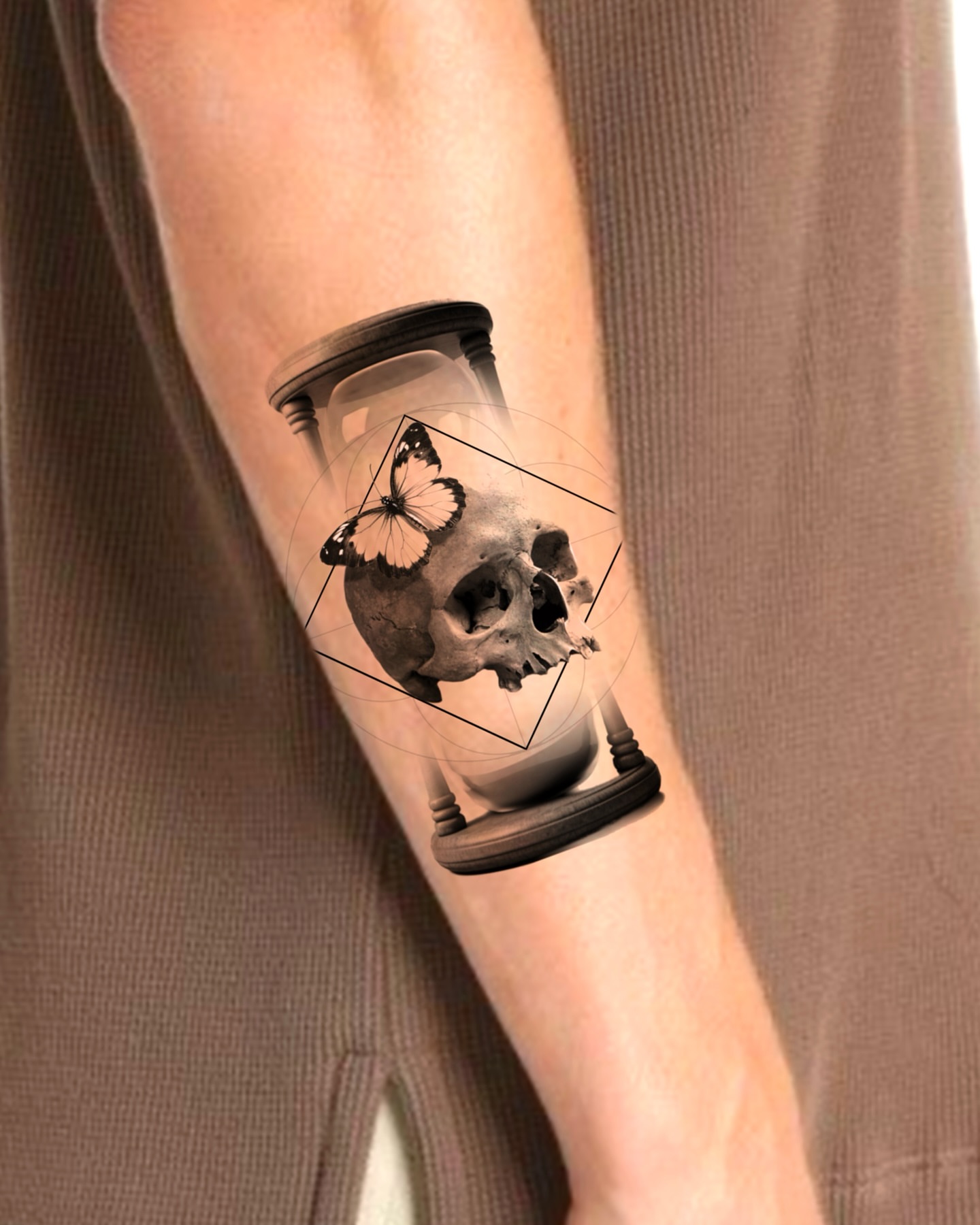 Hourglass with skull and butterfly geometric tattoo on the forearm by Riley K Turner