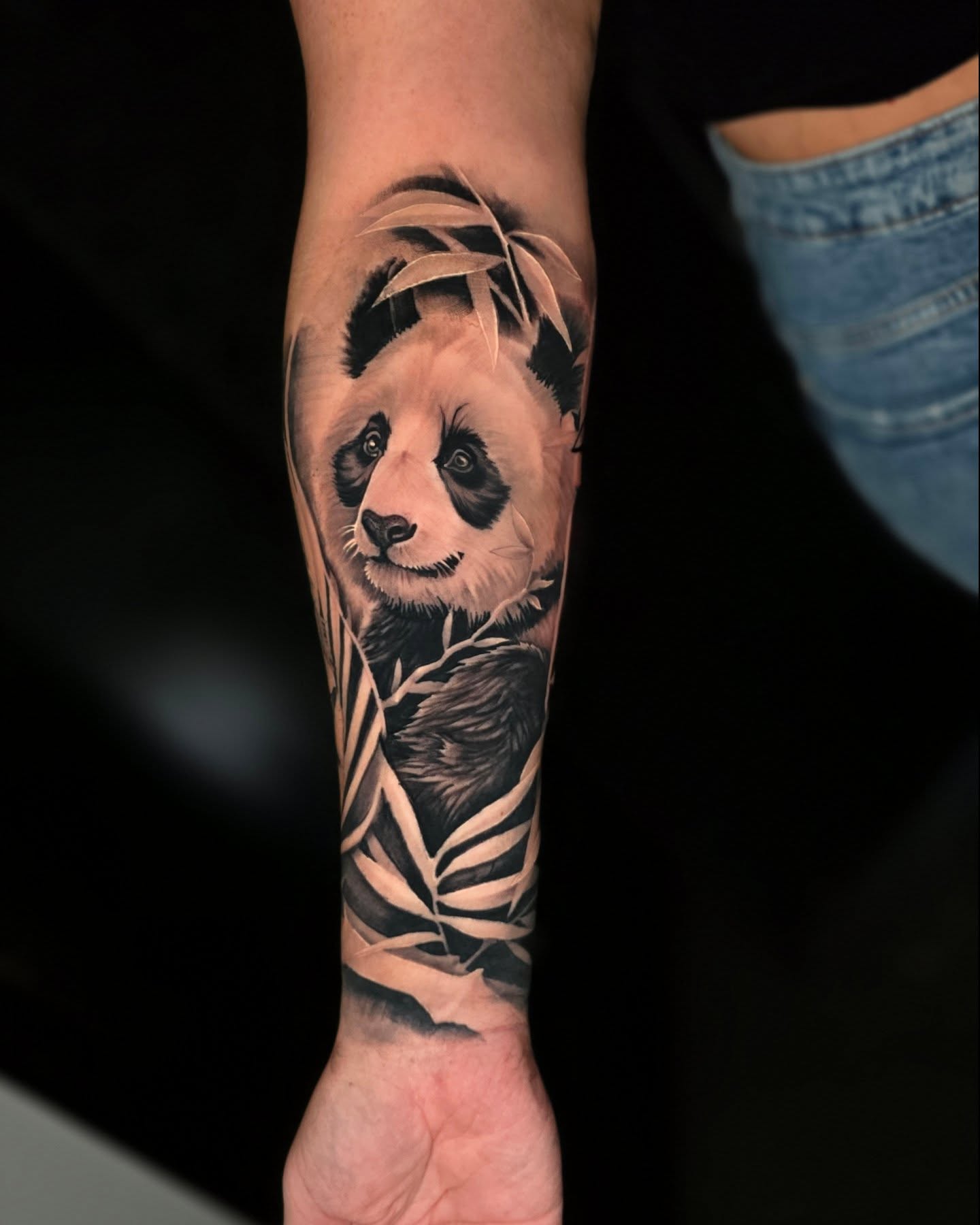 Panda realism tattoo on the forearm by Myth & Mercy Tattoo Co.