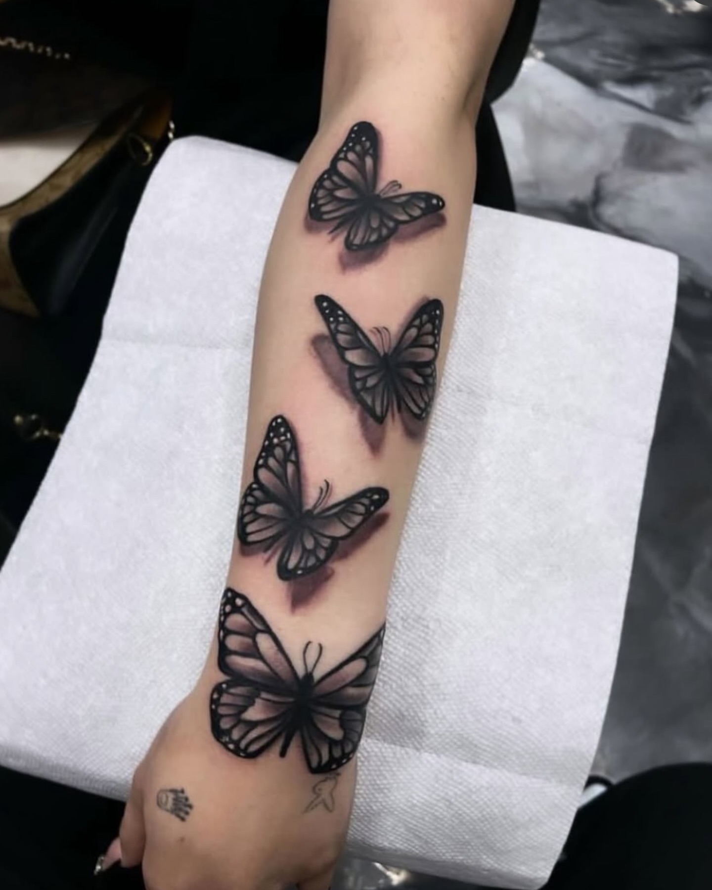 Butterflies black and grey tattoo on the forearm by ♟️SouthEastLA♟️