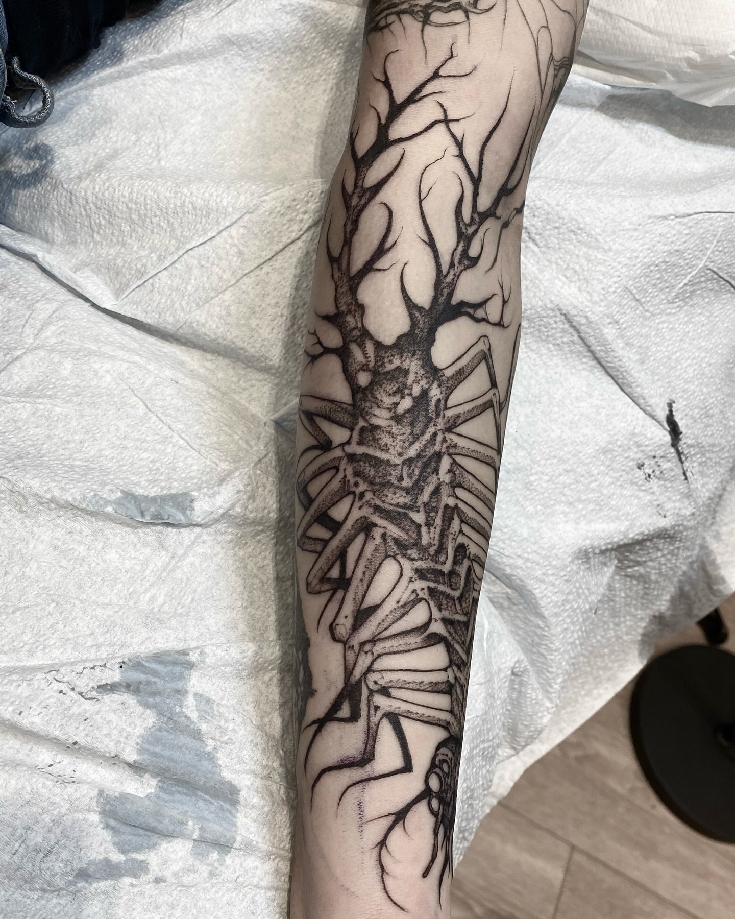 Spider dotwork tattoo on the forearm by Becci Chelicerata