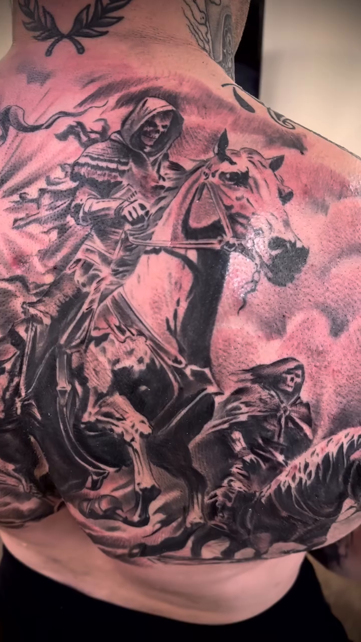 Four Horsemen of the Apocalypse dark realism tattoo by Mason Williams