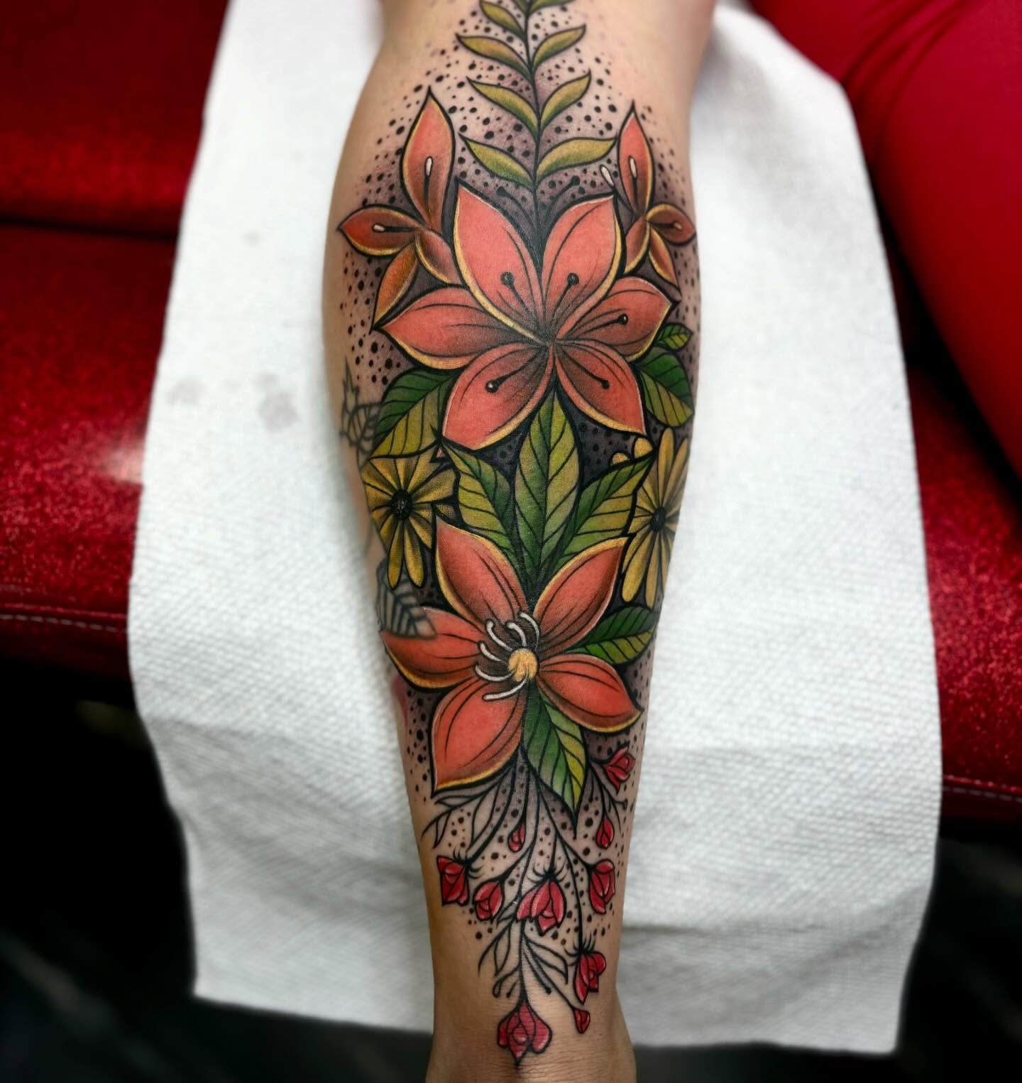 Floral arrangement dotwork tattoo on the forearm by ๐๐๐๐๐๐๐ ๐ฌ.๐ผ