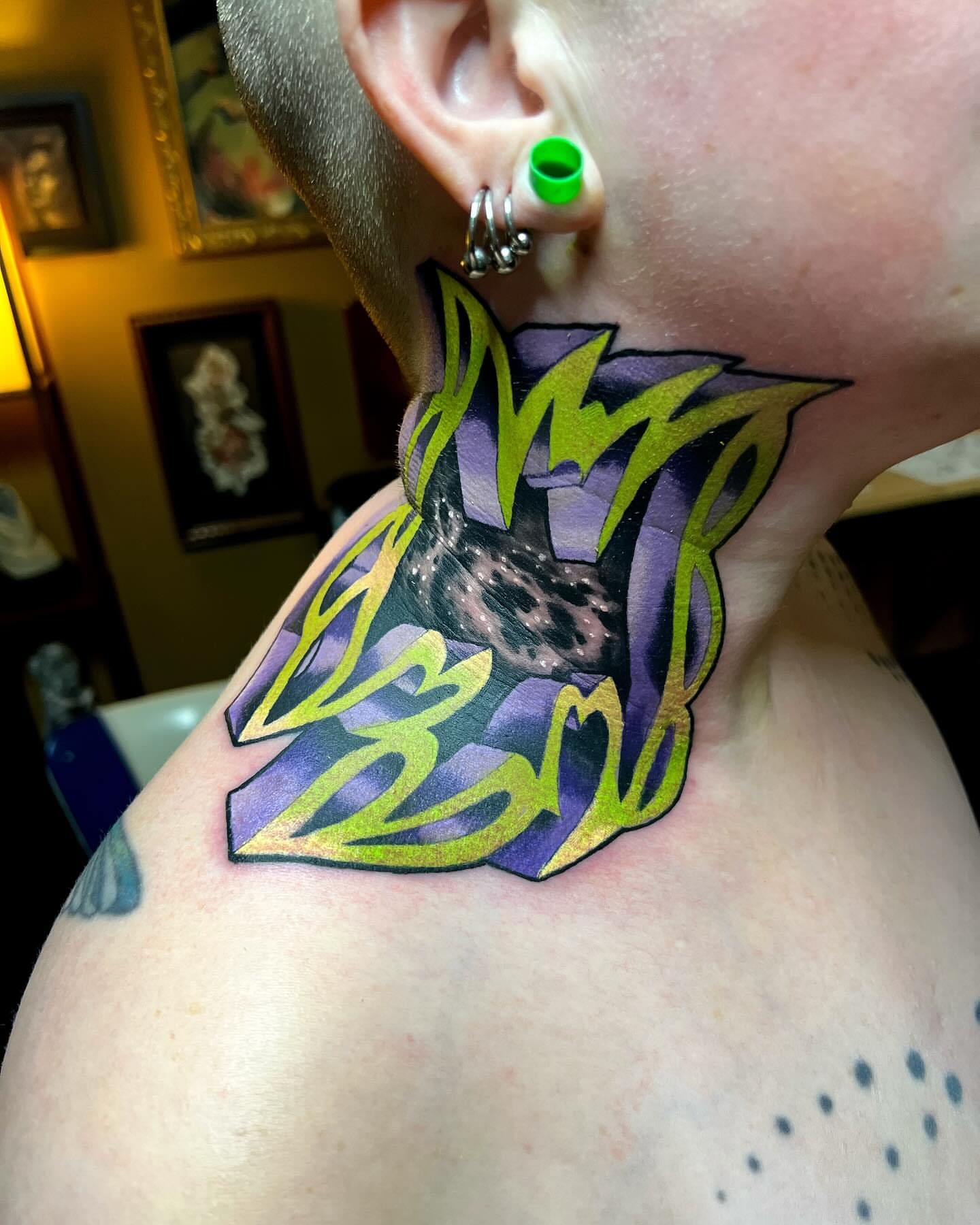 Galaxy dotwork tattoo on the neck by Kevin Starai