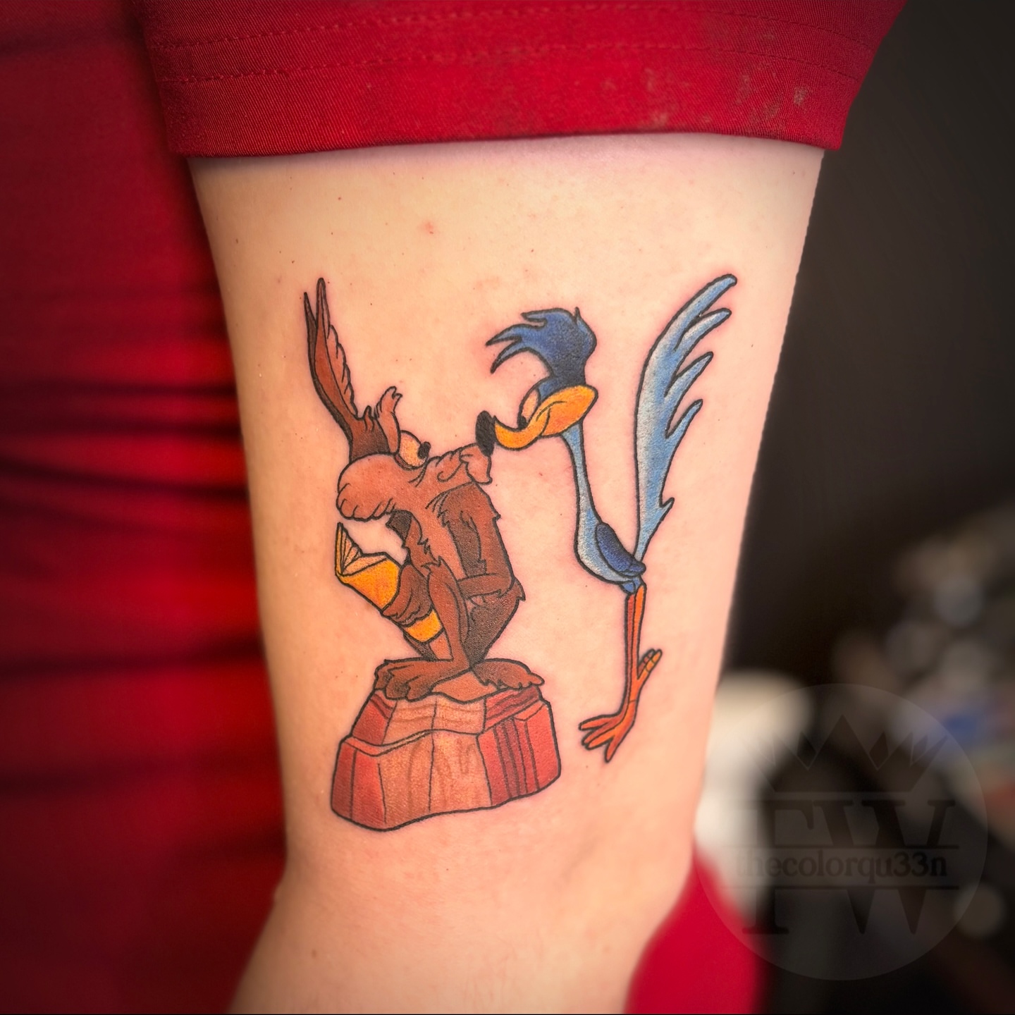 Road runner illustrative tattoo on the forearm by Taylor Tha Color Queen