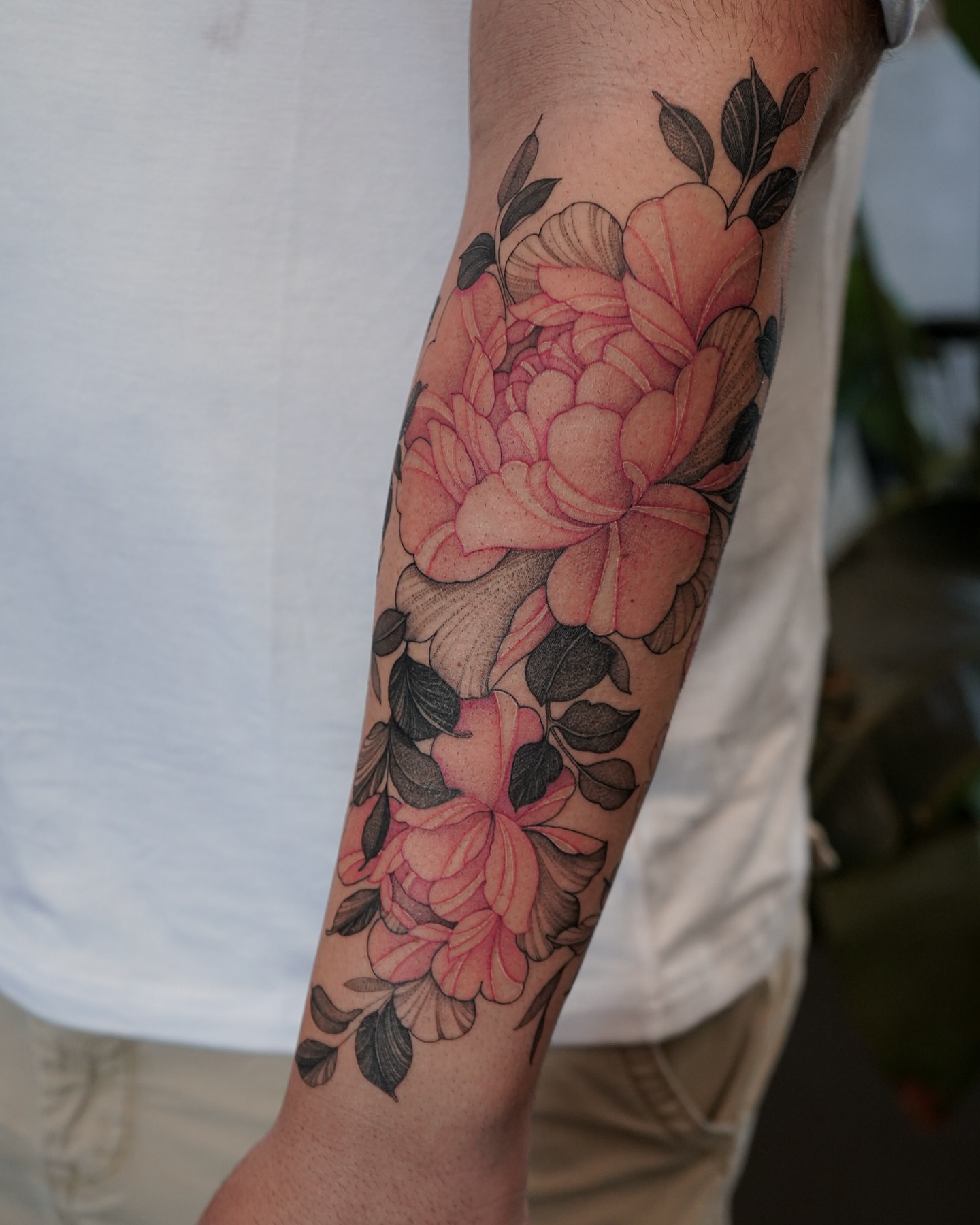 Peony flowers realism tattoo on the forearm by Flower Tattoo Sf