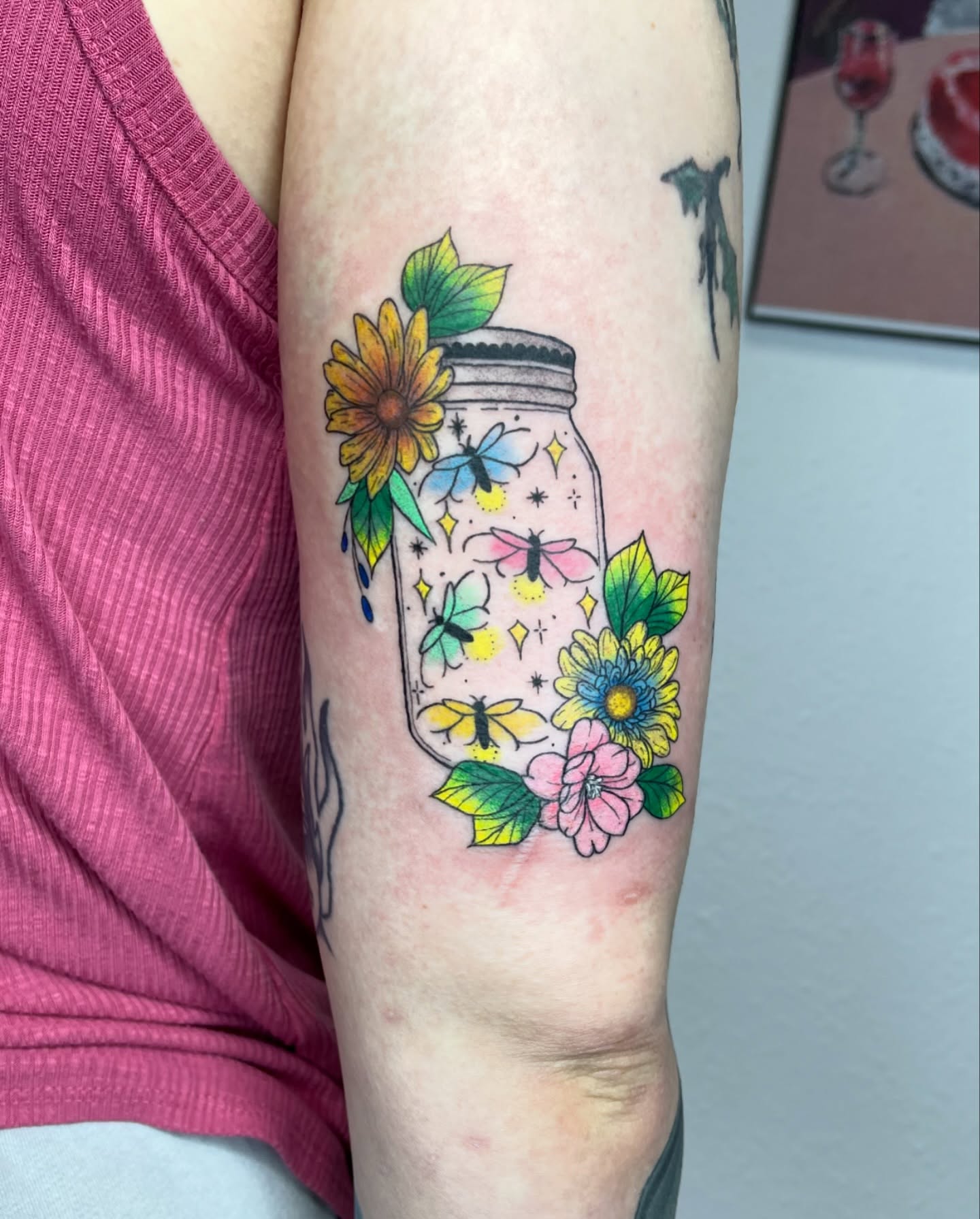 Jar with flowers and insects dotwork tattoo on the forearm by Tattoo artist Mila