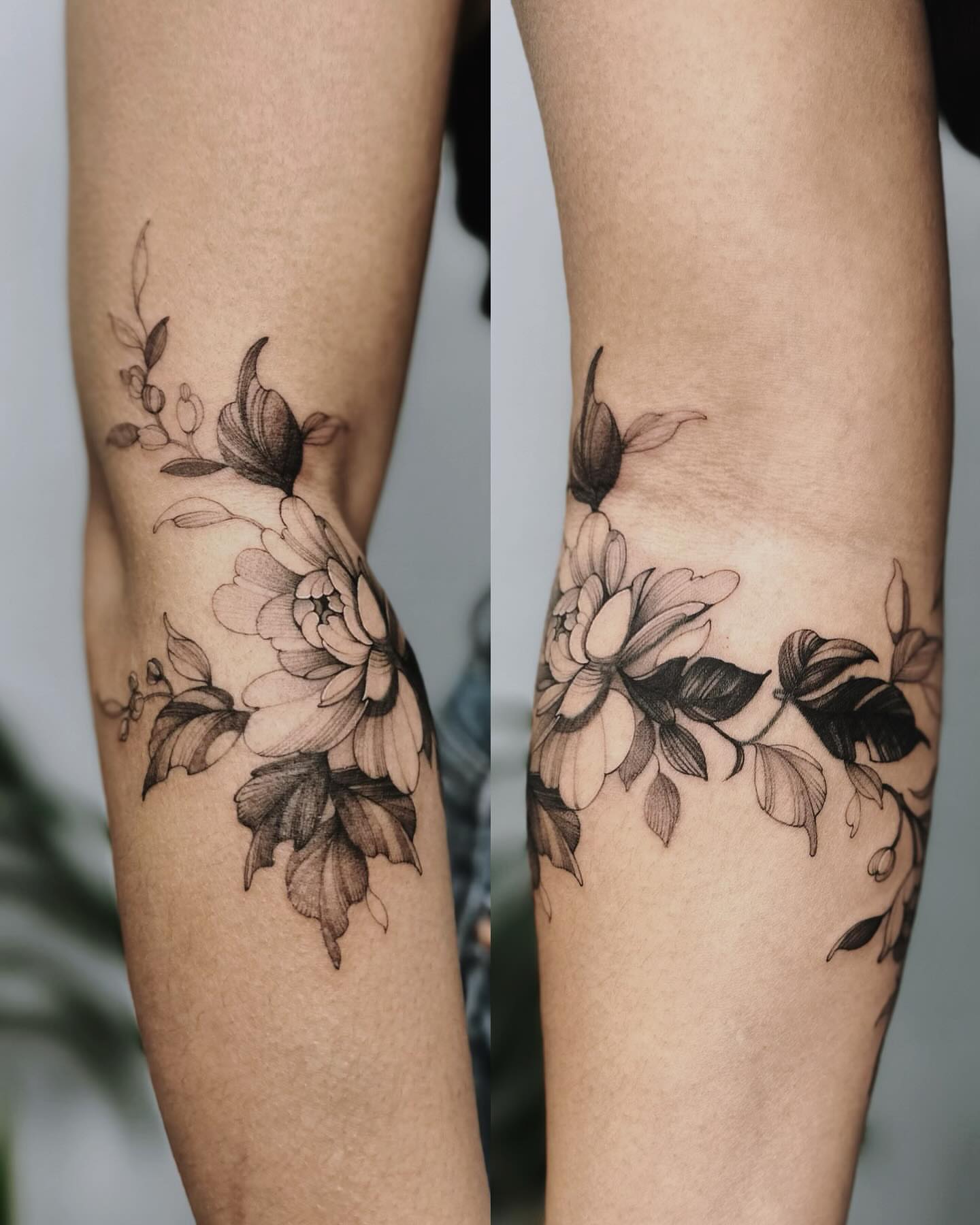Floral arrangement black and grey tattoo on the forearm by Angel