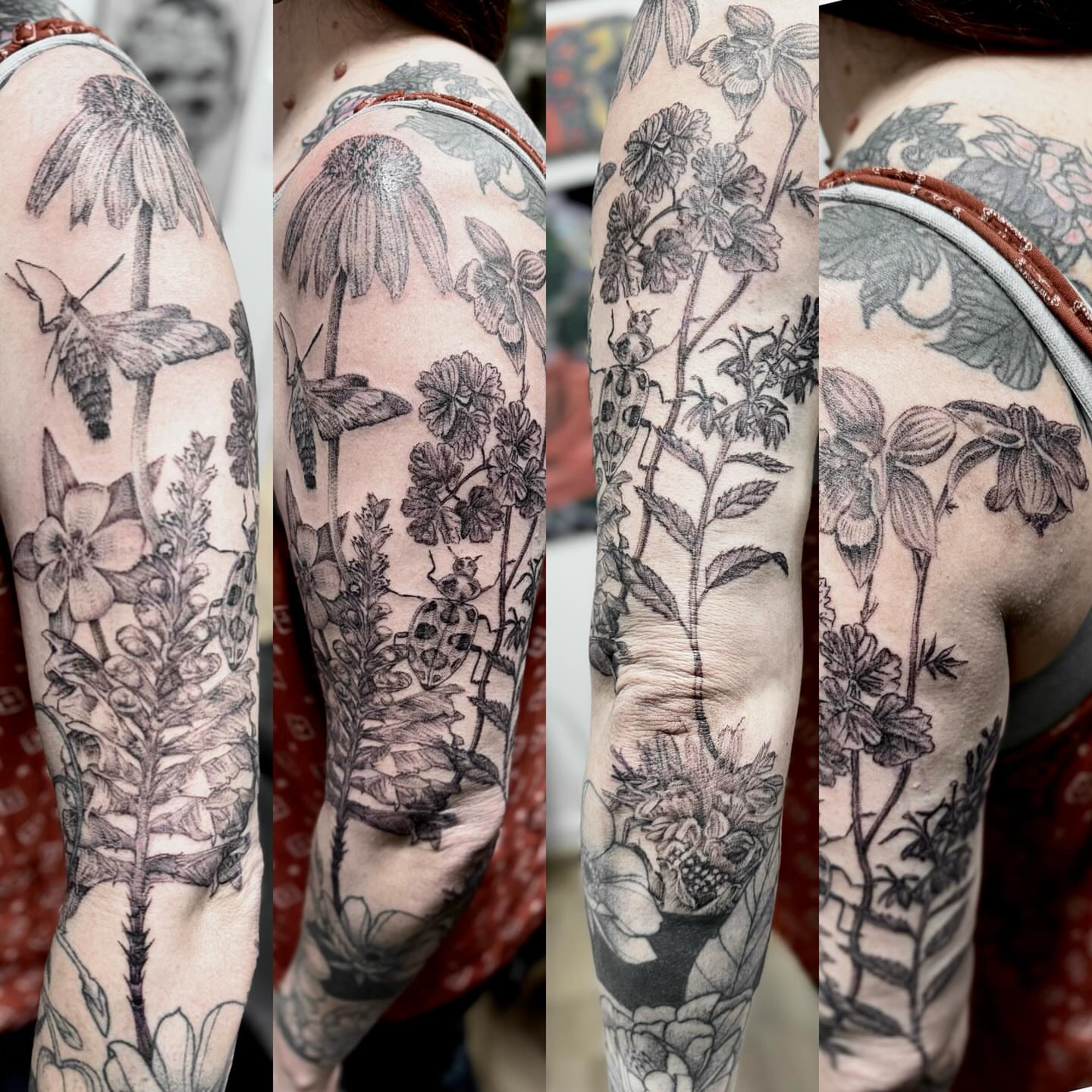 Botanical garden realism tattoo on the upper arm by William Worley