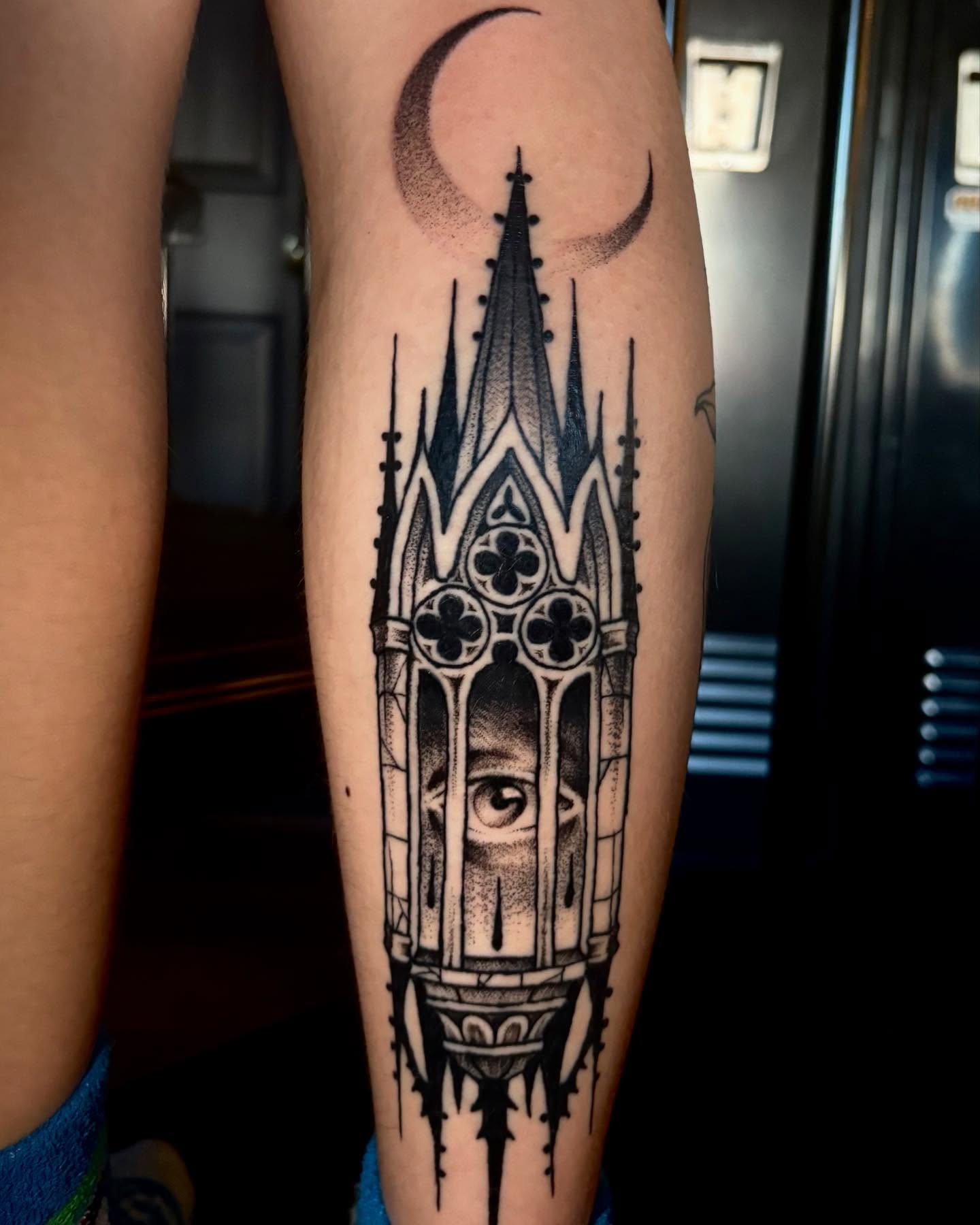 Gothic cathedral dotwork tattoo on the forearm by Nolan Croteau