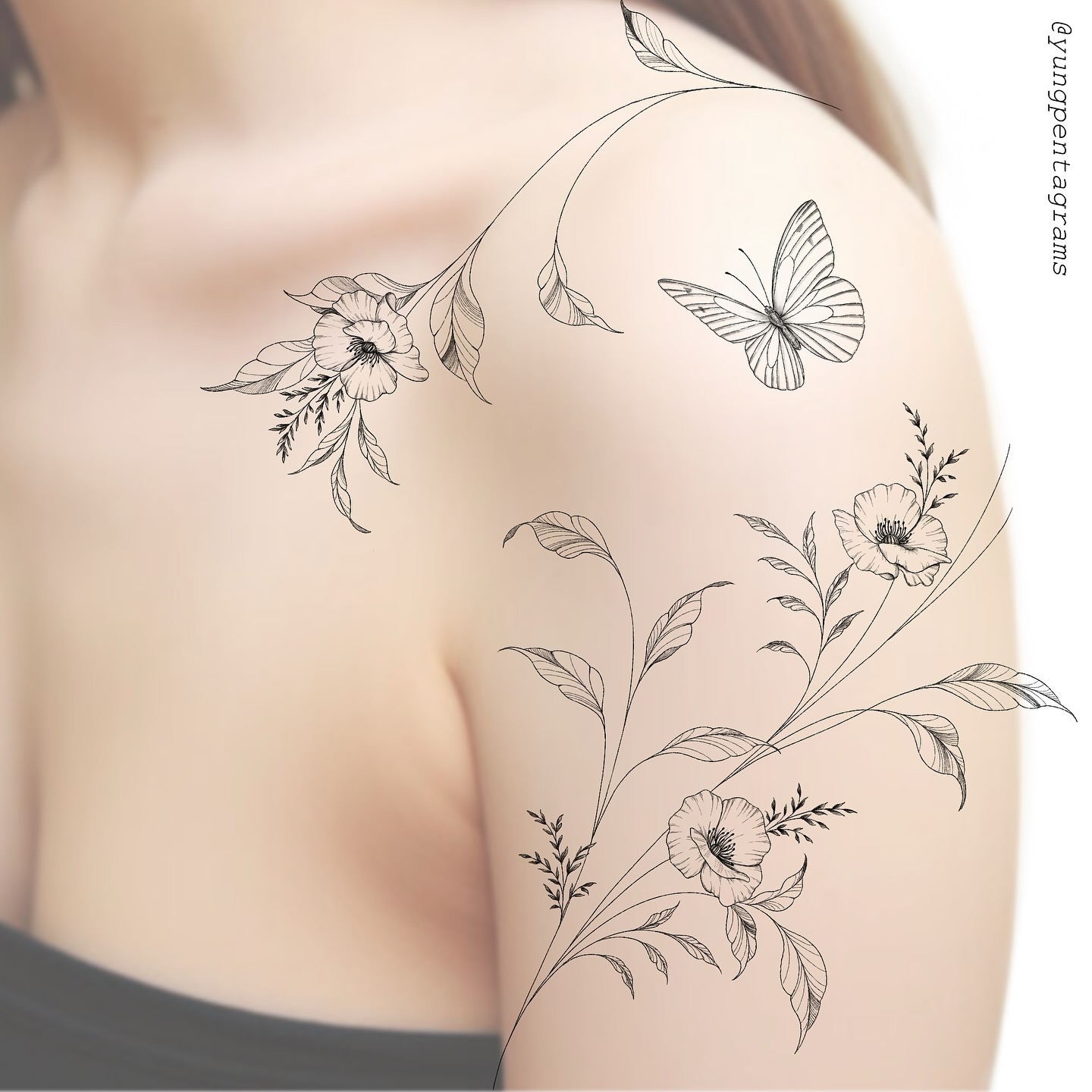 Floral and butterfly fine line tattoo on the shoulder by Jennifer Fuster