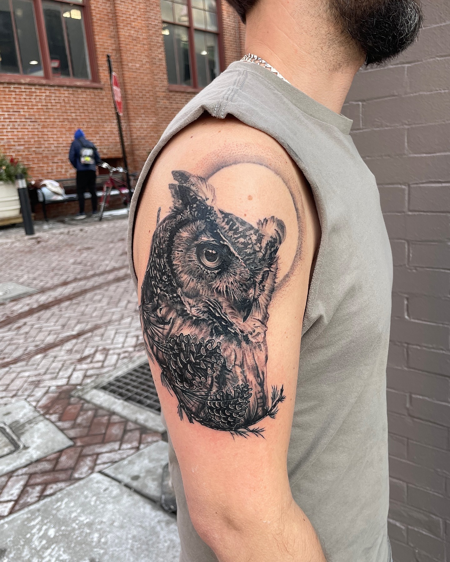 Owl realism tattoo on the shoulder by Danielle
