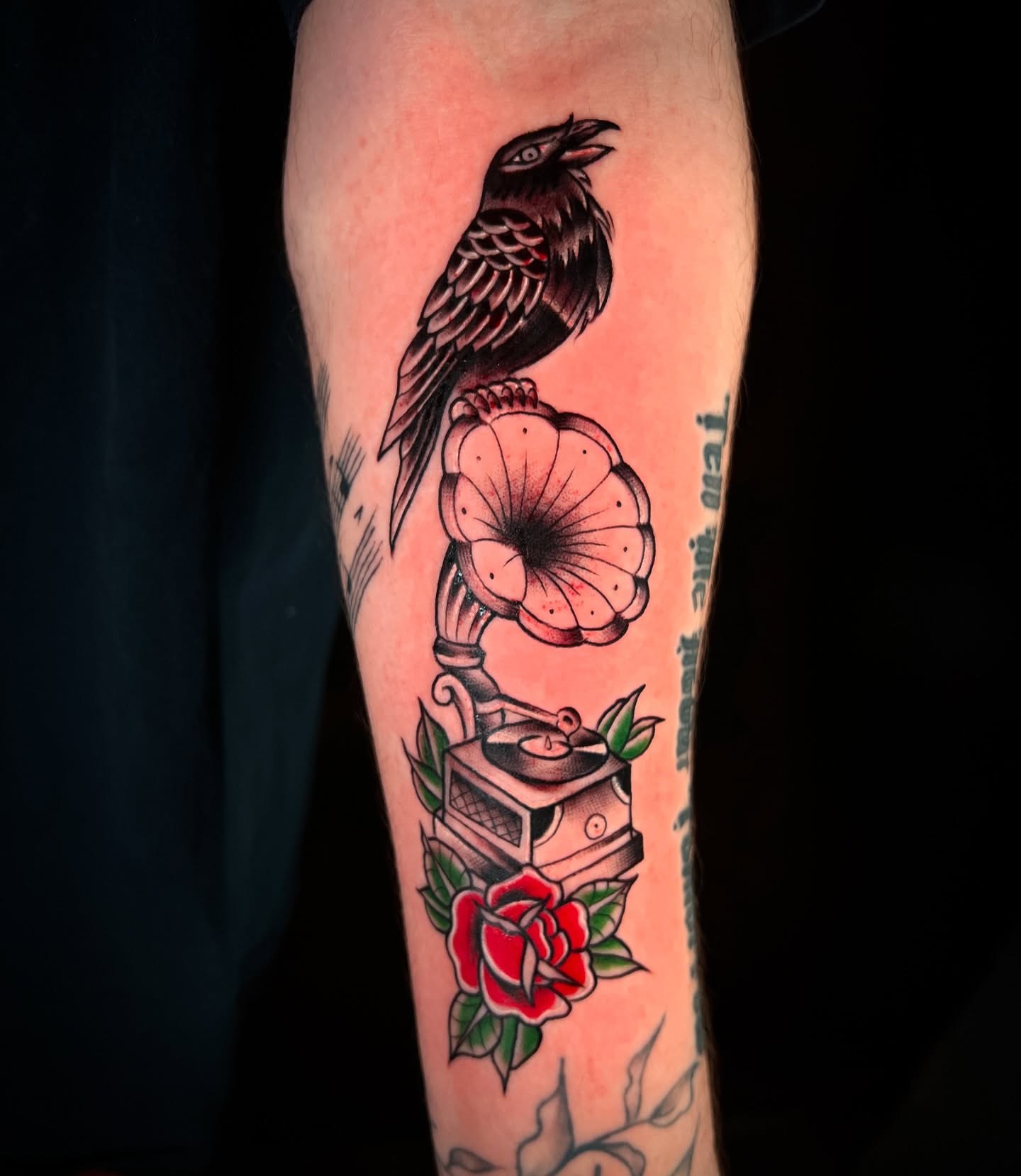 Crow and gramophone American traditional tattoo on the forearm by Tattoo & Body Artist, Gastonia, North Carolina