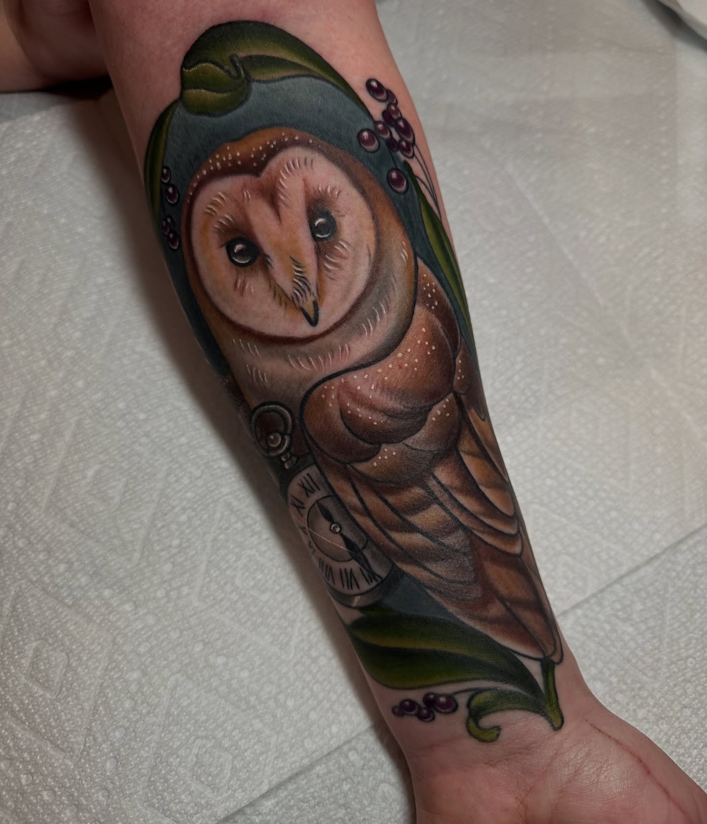 Owl realism tattoo on the forearm by ✨Sarah Knapp✨, Eugene, Oregon