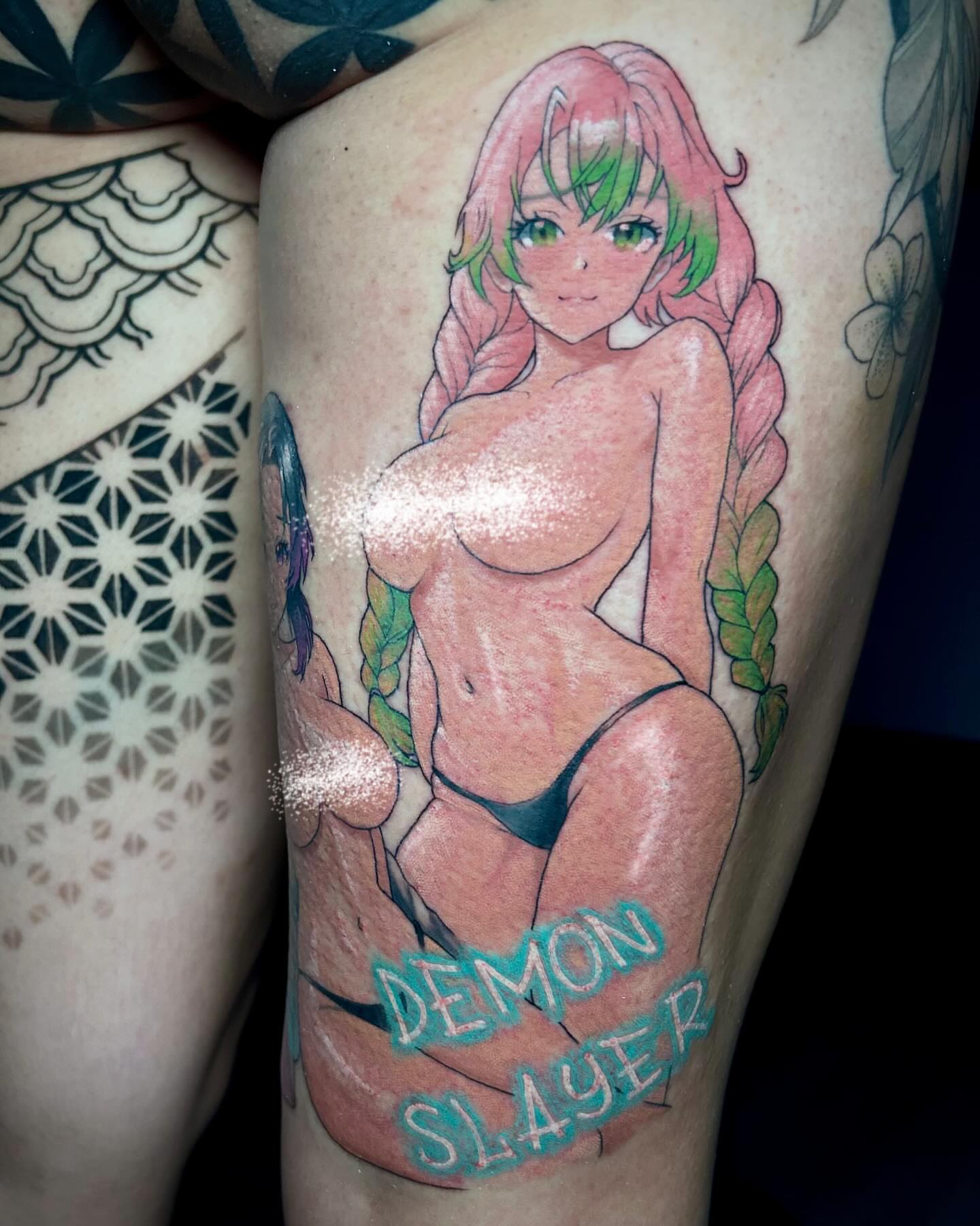 Anime character anime tattoo on the thigh by Bradi