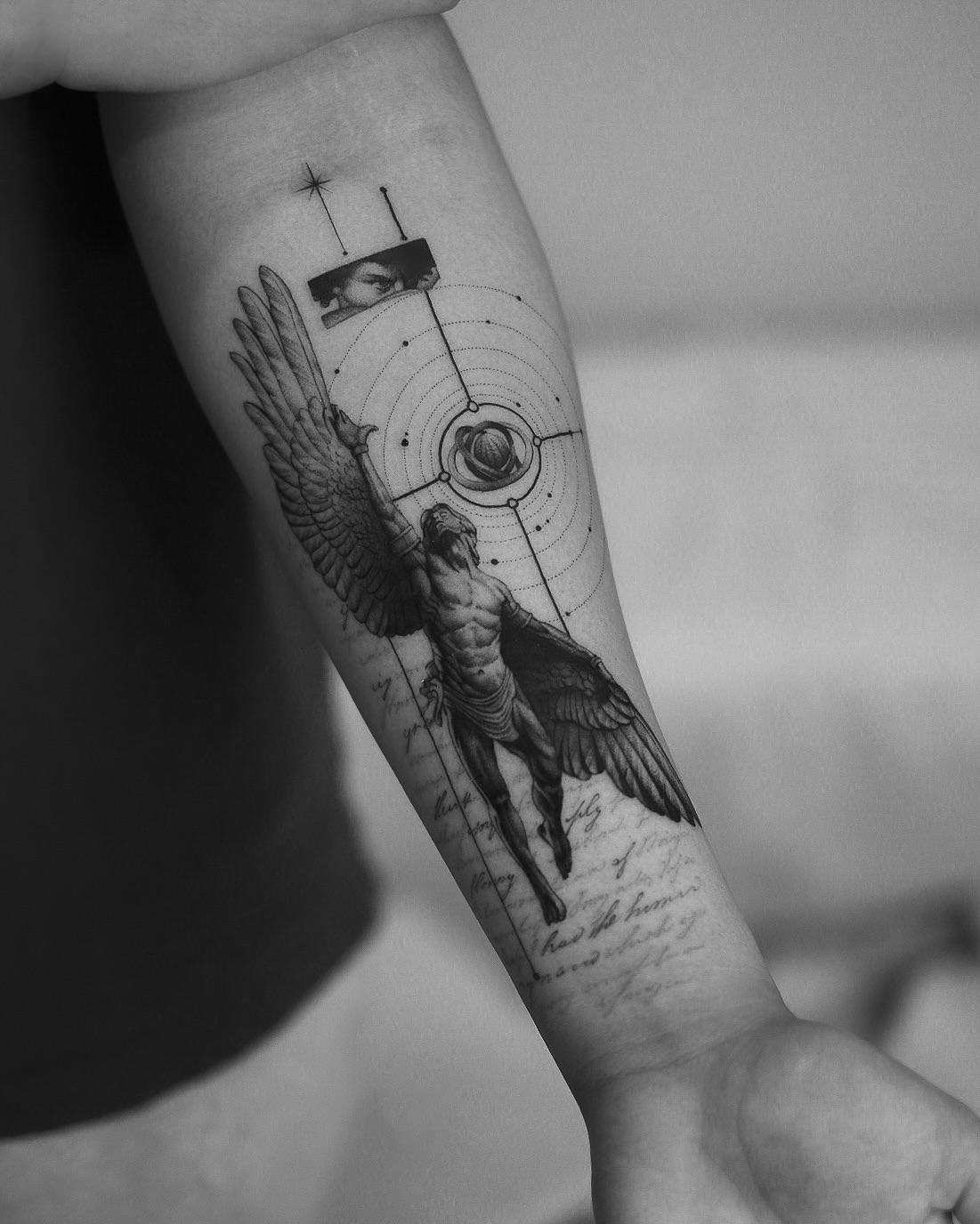 Angelic figure realism tattoo on the forearm by Oleksandr Moroz