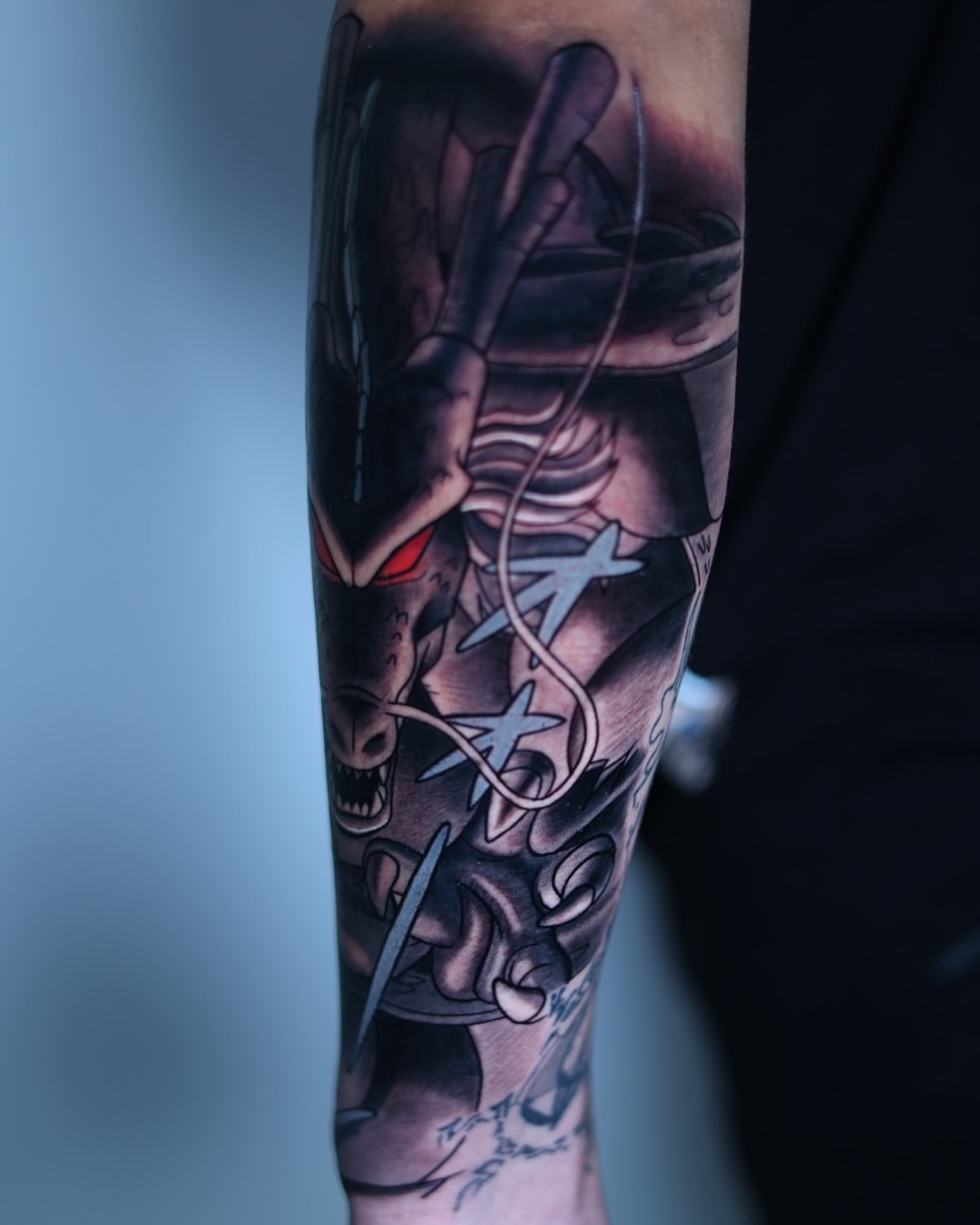 Demon skull with lightning dark realism tattoo on the forearm by Tiago Ink
