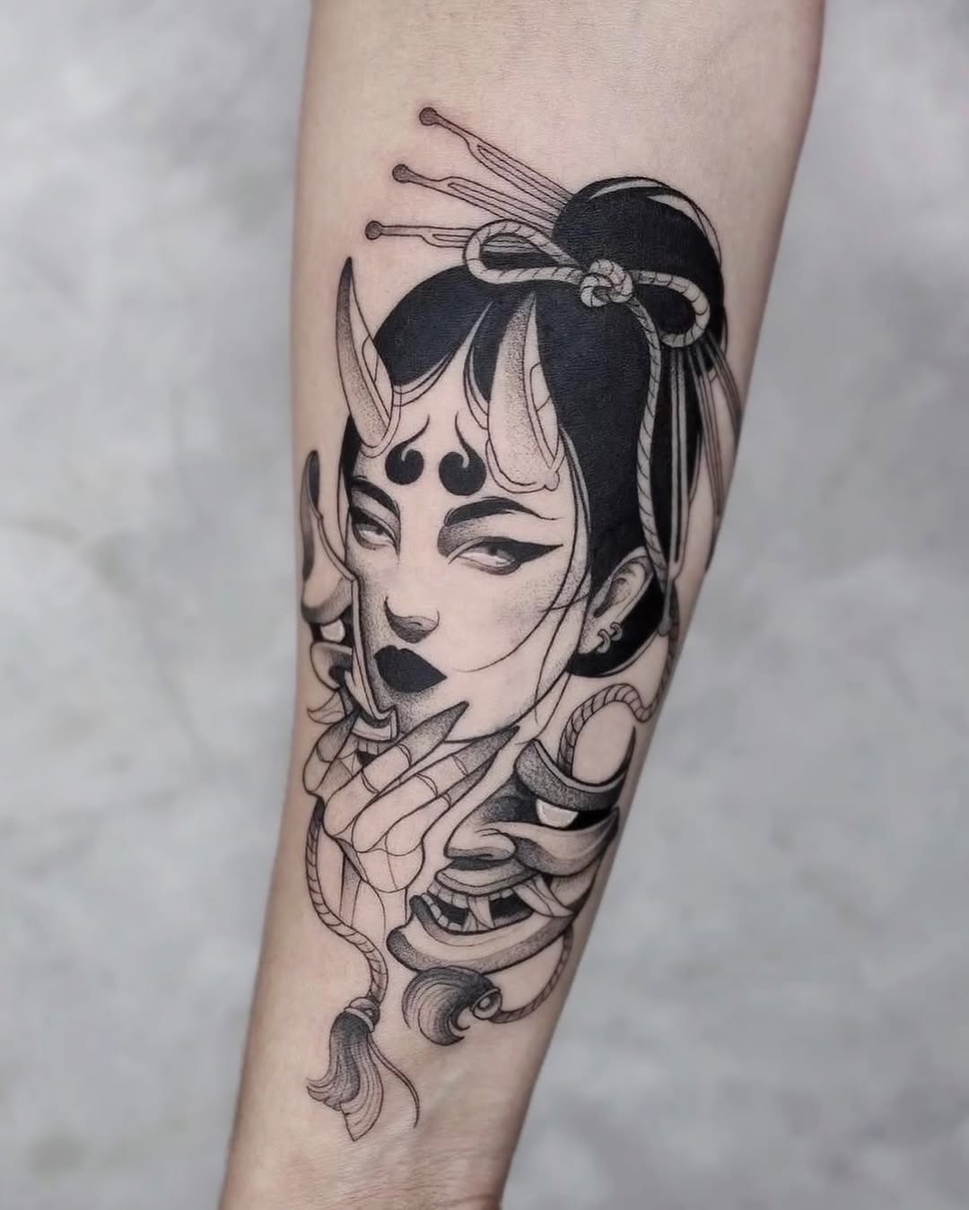 Oni mask and geisha portrait realism tattoo on the forearm by Tattoo Artist ⚔️ San Diego, CA