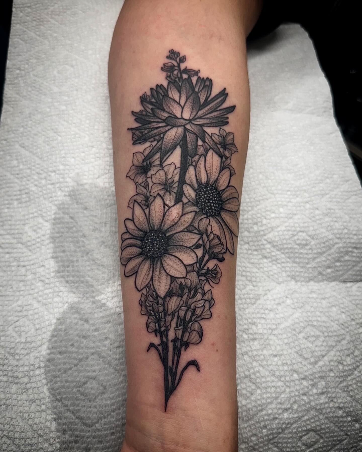 Sunflowers dotwork tattoo on the forearm by Cj Hurtado