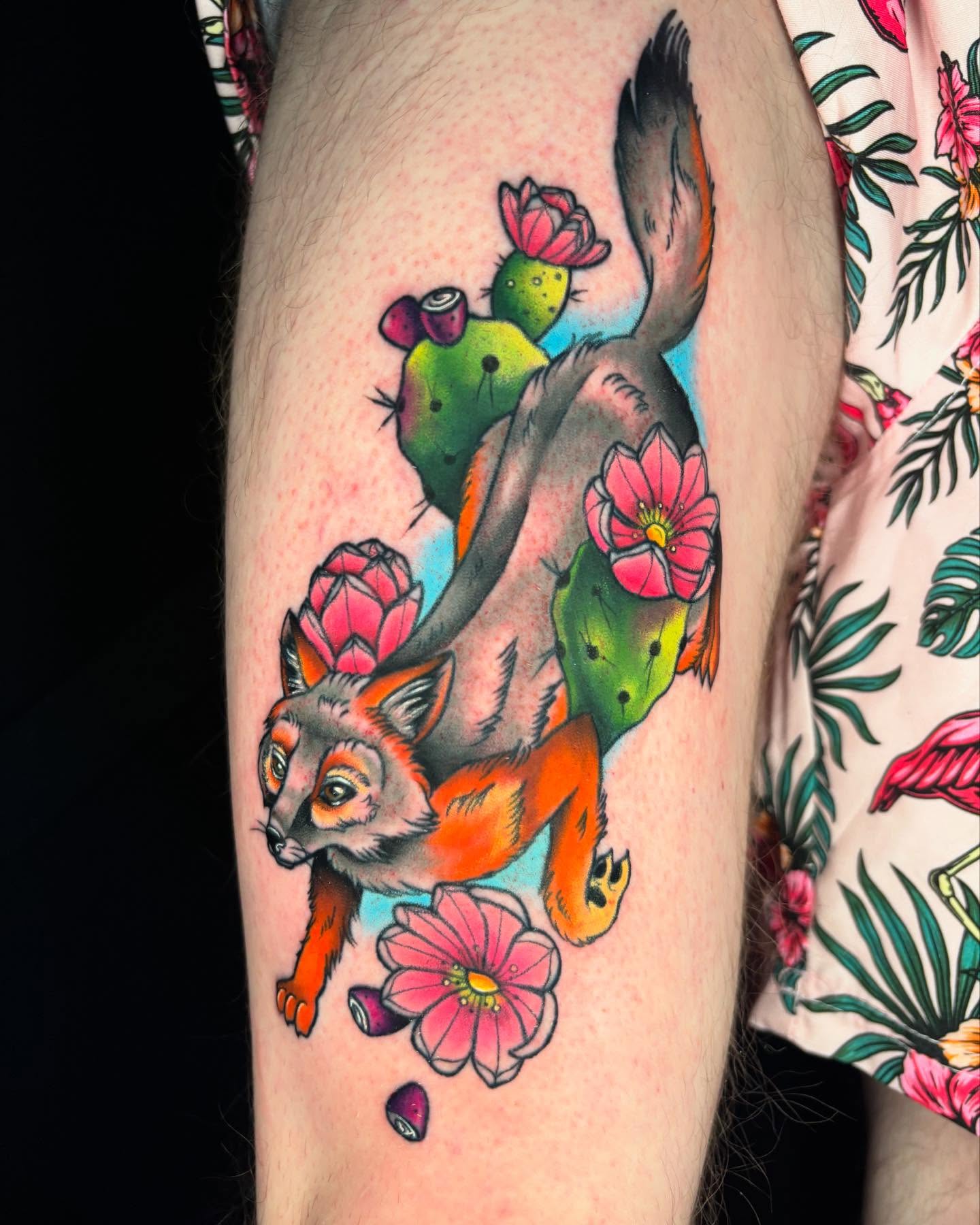 Fox and cactus new school tattoo on the forearm by Chelsey Moore, Albuquerque, New Mexico