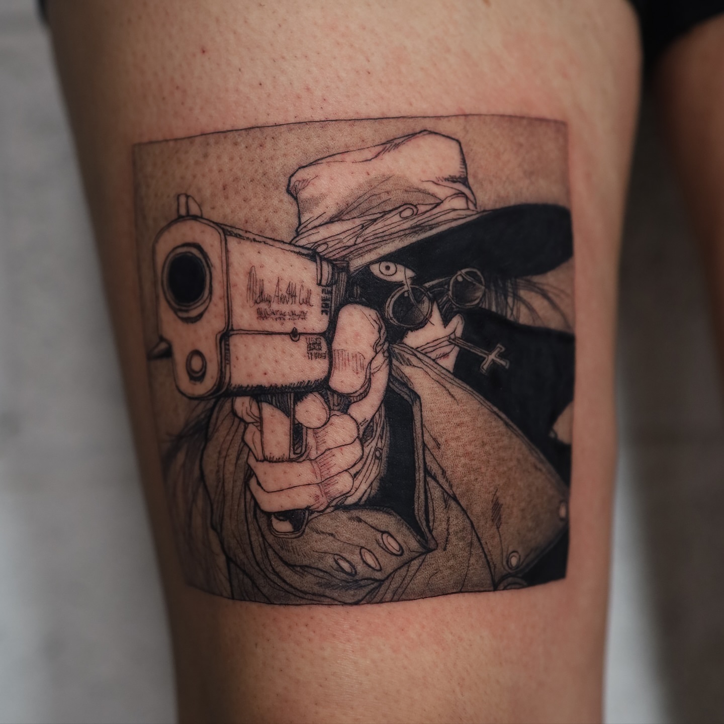 Gun-wielding man realism tattoo on the thigh by Dana, Phoenix, Arizona