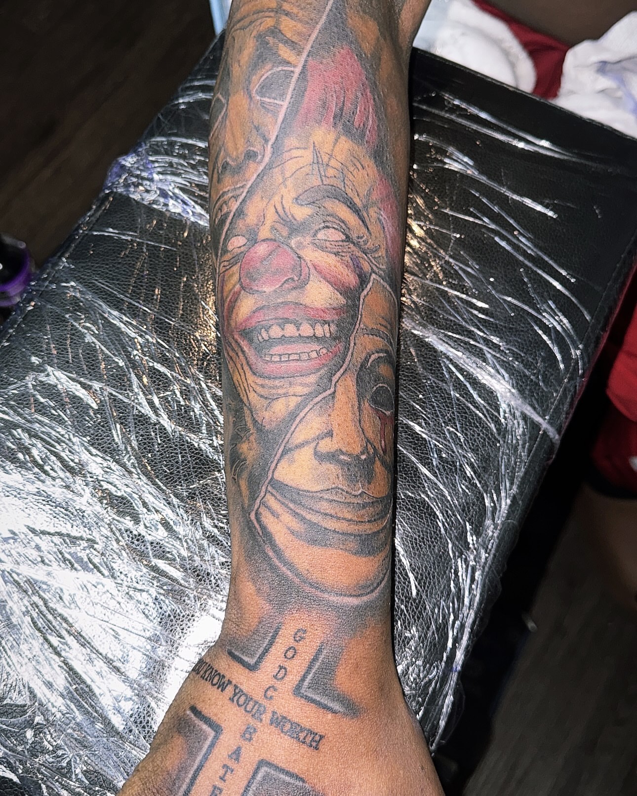 Clown face realism tattoo on the forearm by Jihaad staley π¦, Charlotte, North Carolina
