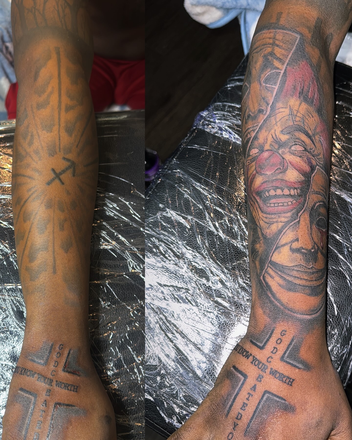 Mask with text realism tattoo on the forearm by Jihaad staley π¦, Charlotte, North Carolina