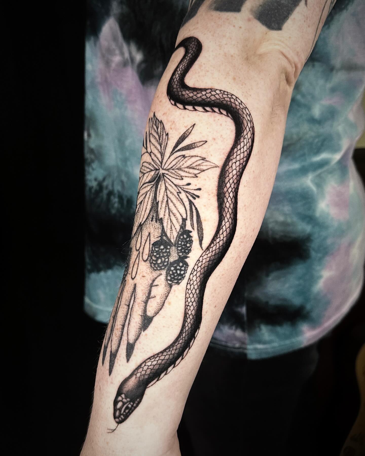 Snake and berries black and grey tattoo on the forearm by 🕸 ᴠɪᴠɪᴀɴ ʟᴏʀᴇ 🕸, Nashville, Tennessee