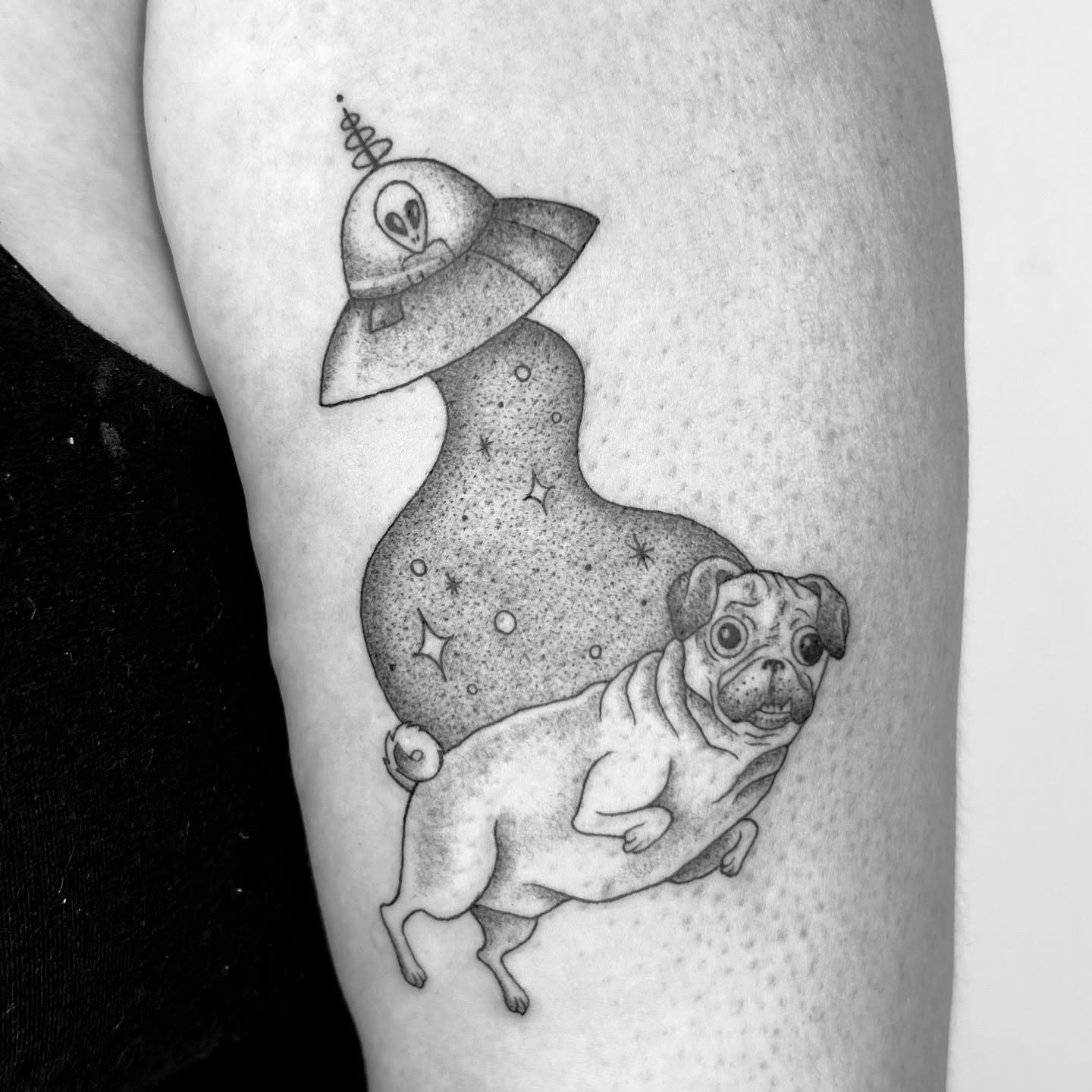 Pug and UFO dotwork tattoo on the forearm by ☆ Nashville Fine Line Tattoo Artist ☆