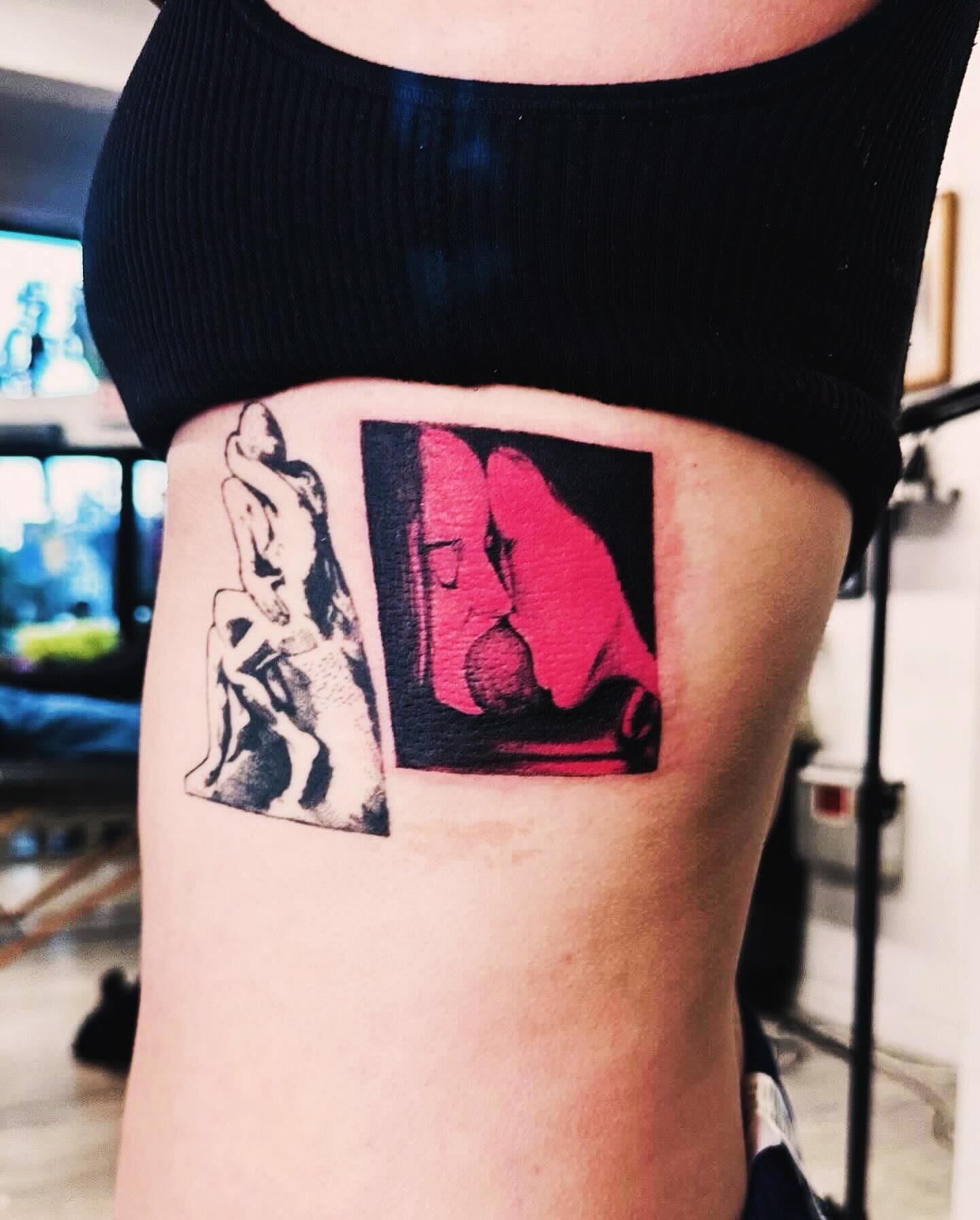 Statue and boxing match realism tattoo on the ribs by Bennie Bae