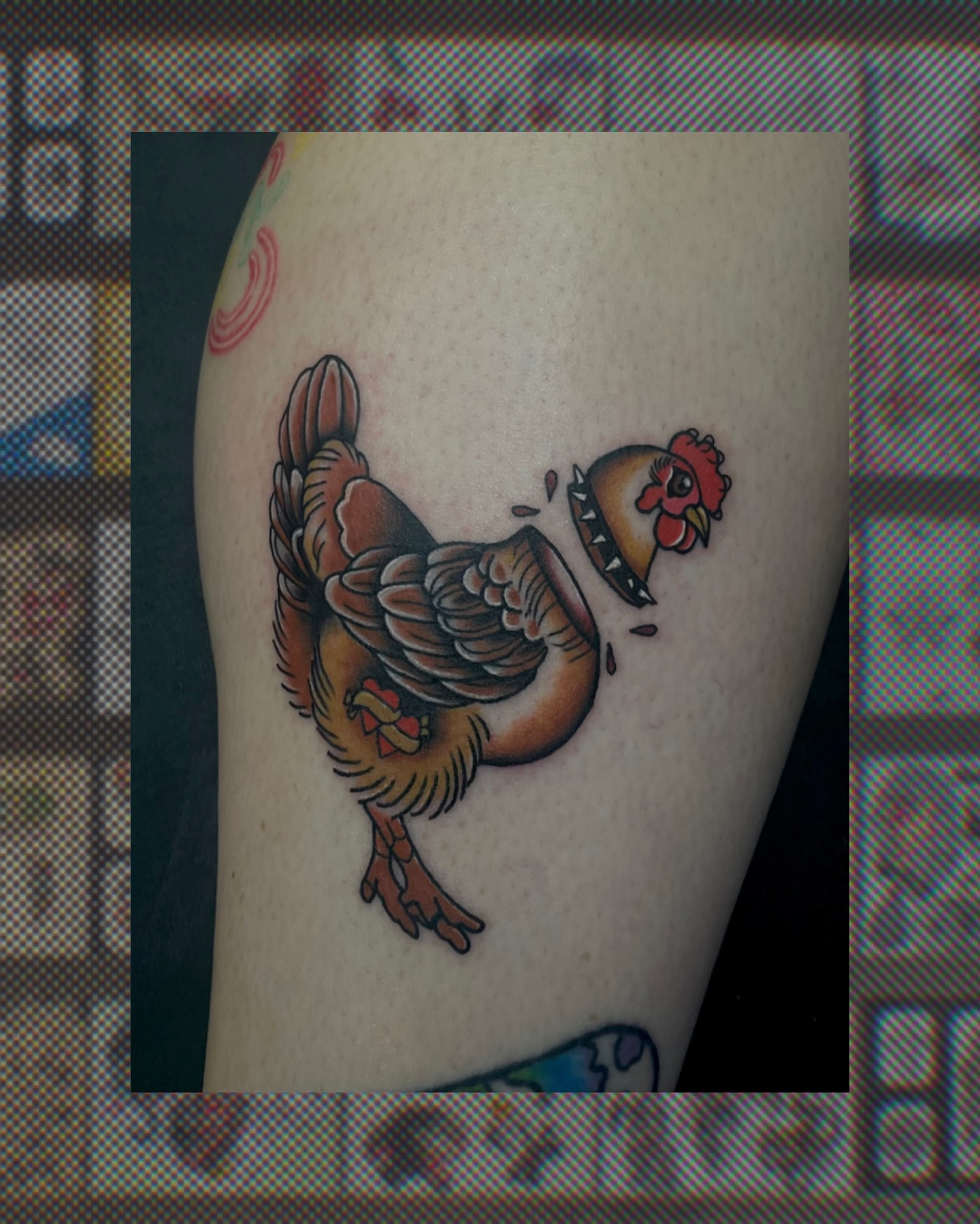 Chicken American traditional tattoo on the thigh by Kylee langford 🧿
