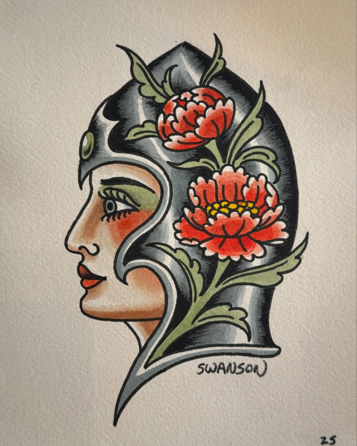 Profile of a woman with flowers American traditional tattoo by Jesse Swanson, Santa Rosa, California