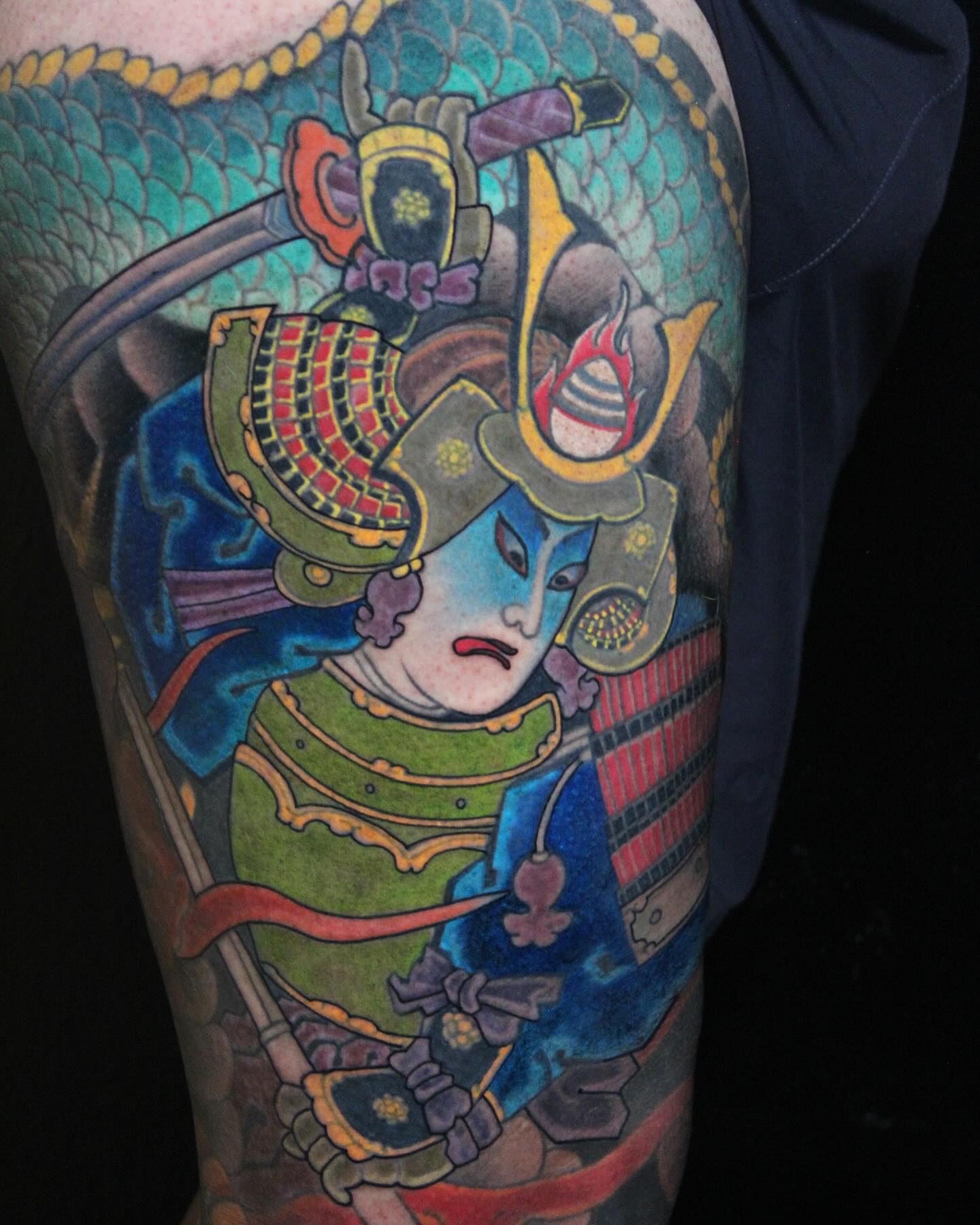 Samurai warrior japanese irezumi tattoo on the upper arm by Alezumie
