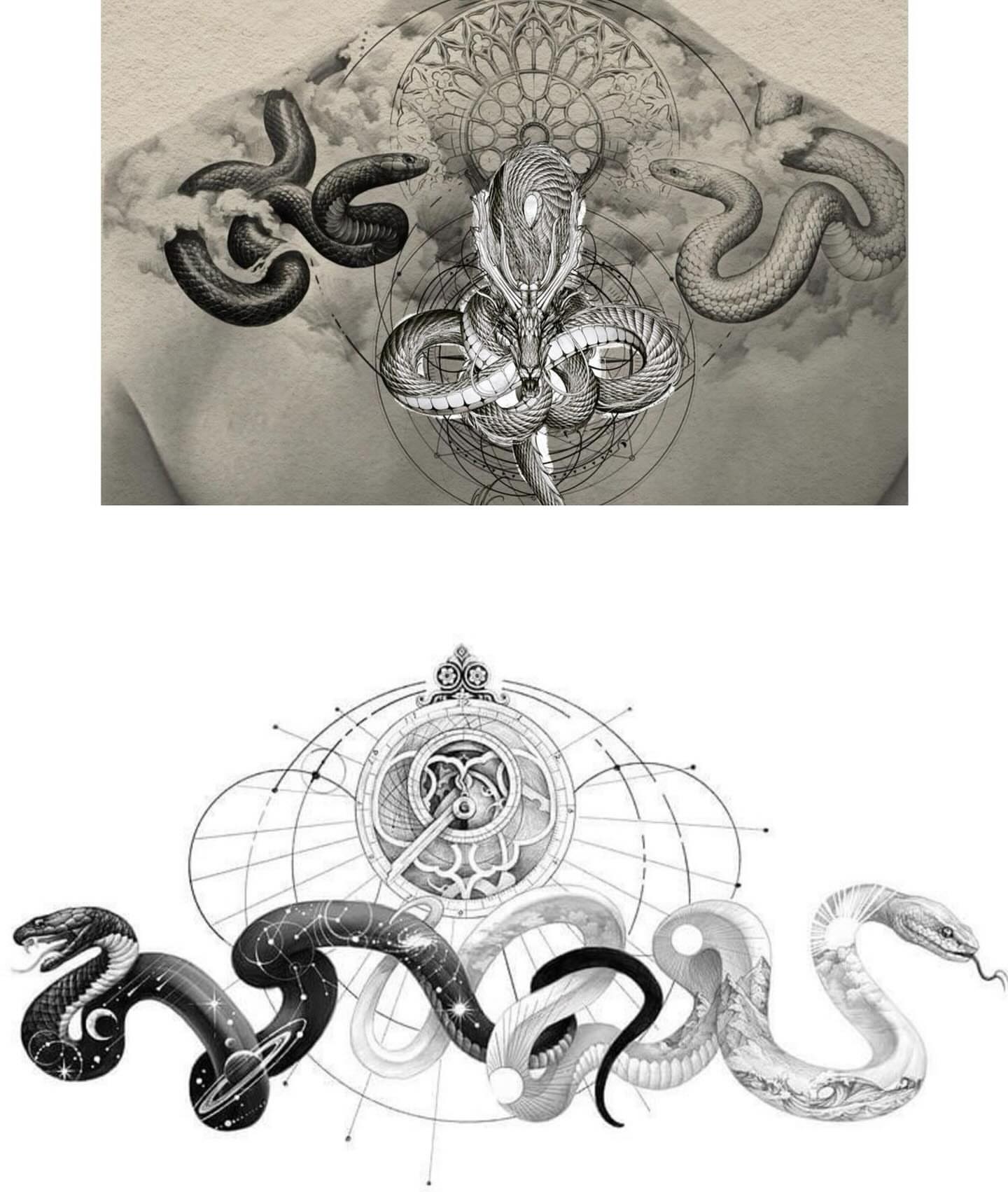 Snakes and geometric design geometric tattoo by mia's tattoo, Los Angeles, California