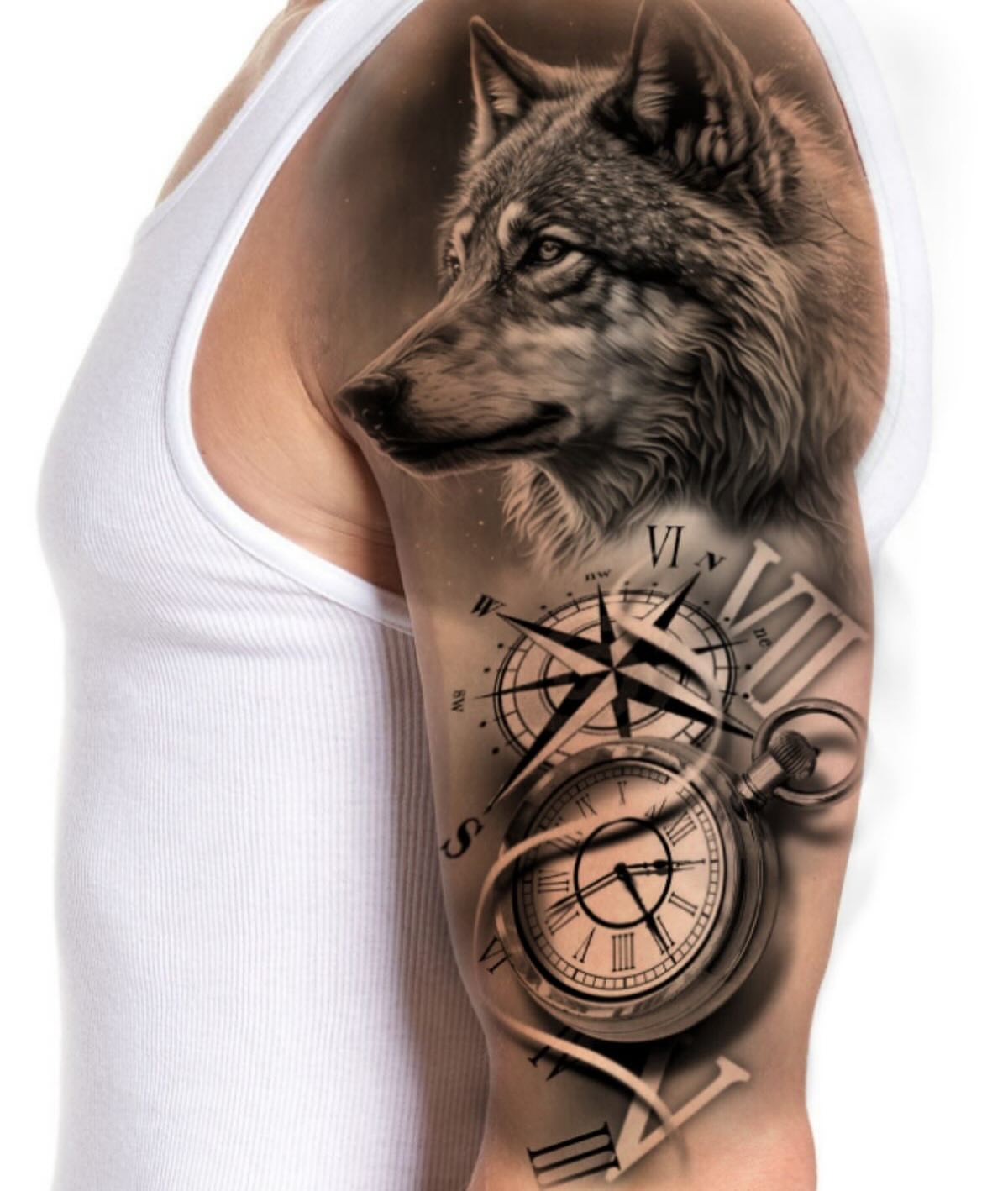 Wolf and compass realism tattoo on the forearm by mia's tattoo, Los Angeles, California