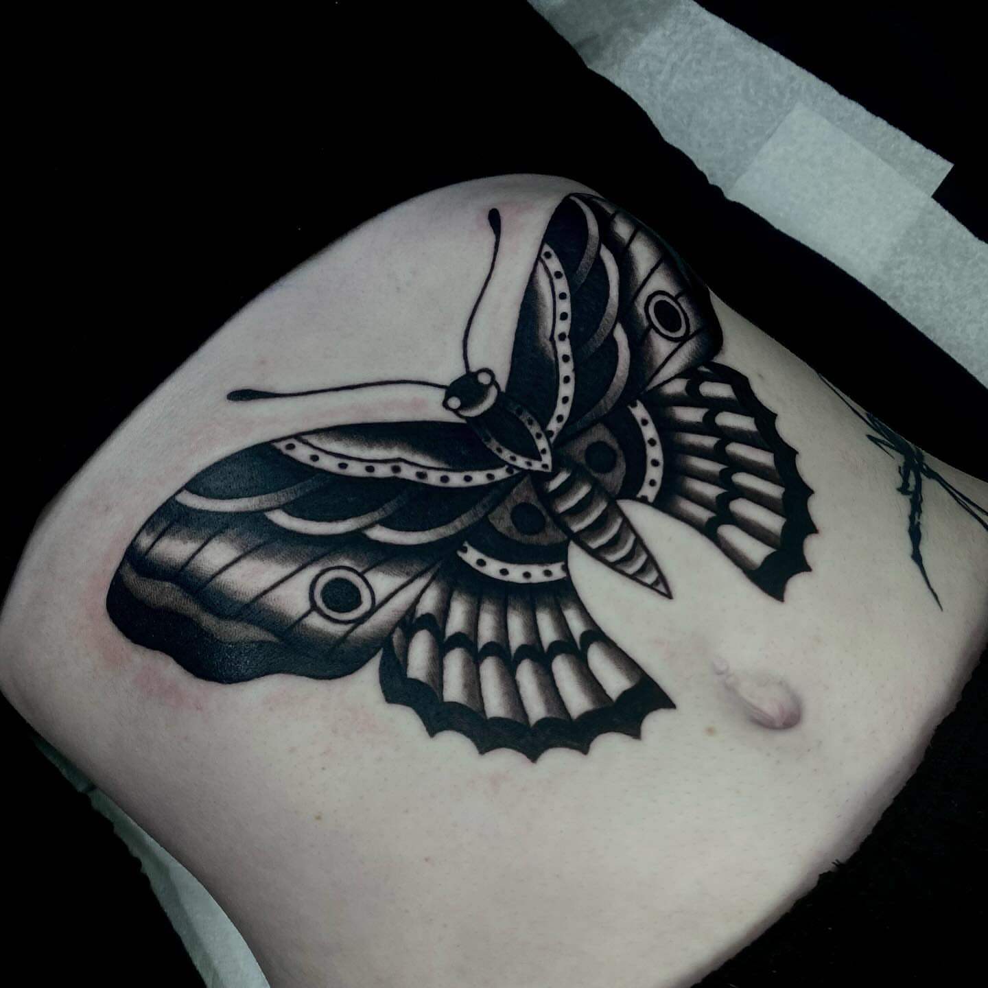 Butterfly black and grey tattoo on the shoulder by Lindsey Cam Van