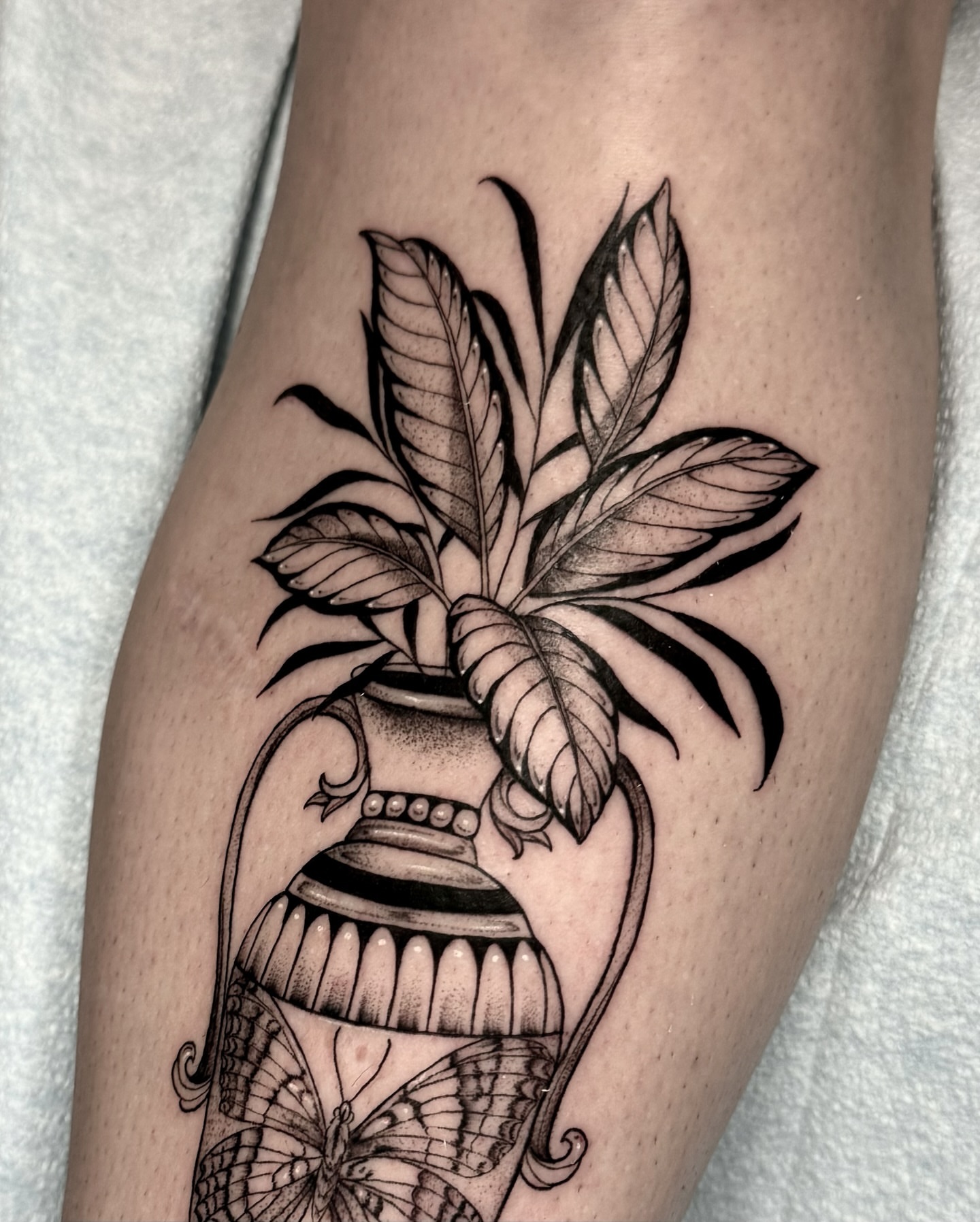 Plant in vase realism tattoo on the forearm by Kathryn Semus