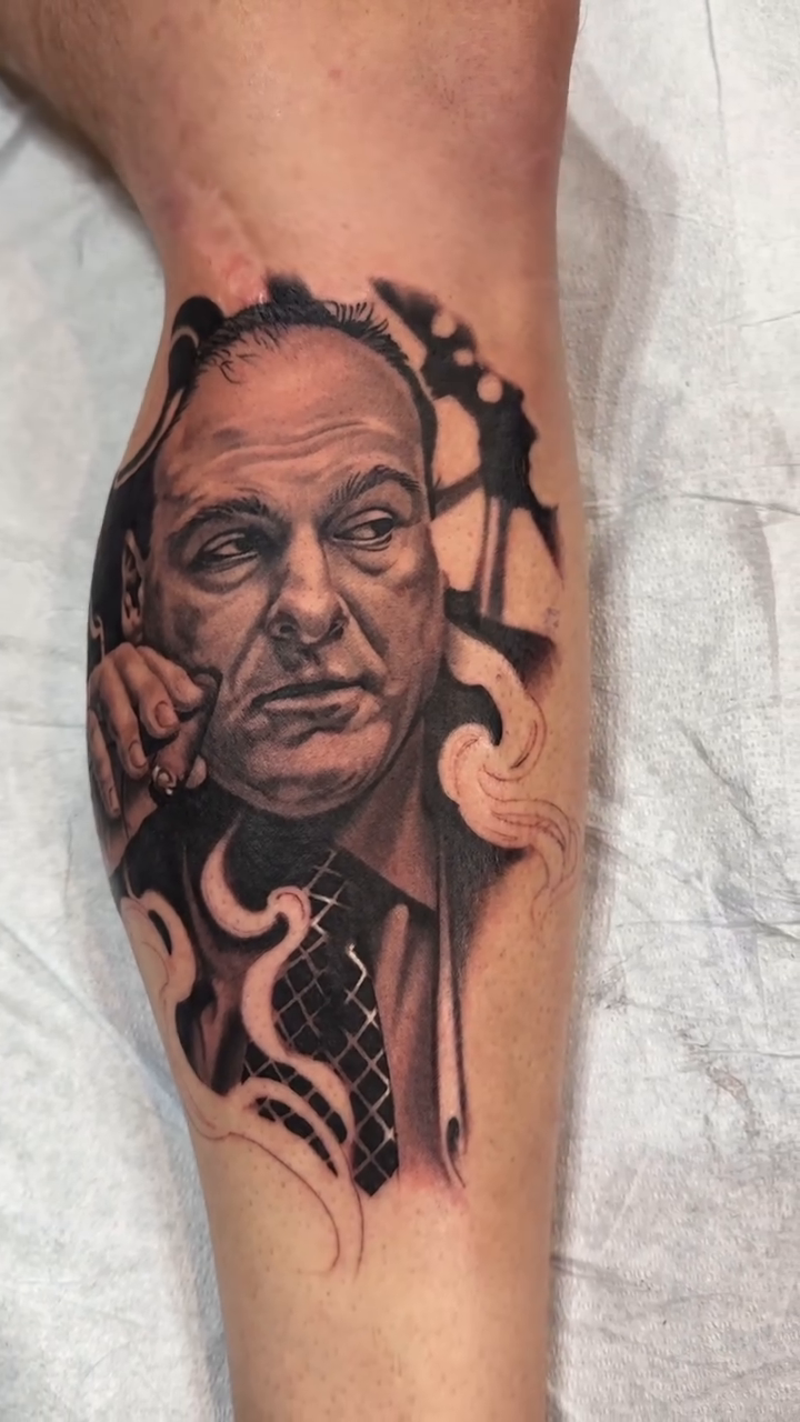 Portrait of Tony Soprano realism tattoo by Bradley Dozier