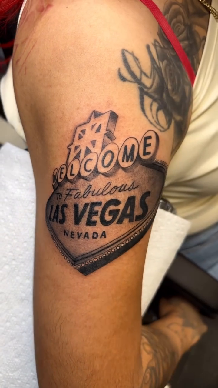 Welcome to Las Vegas sign lettering script tattoo by Kimberly landin