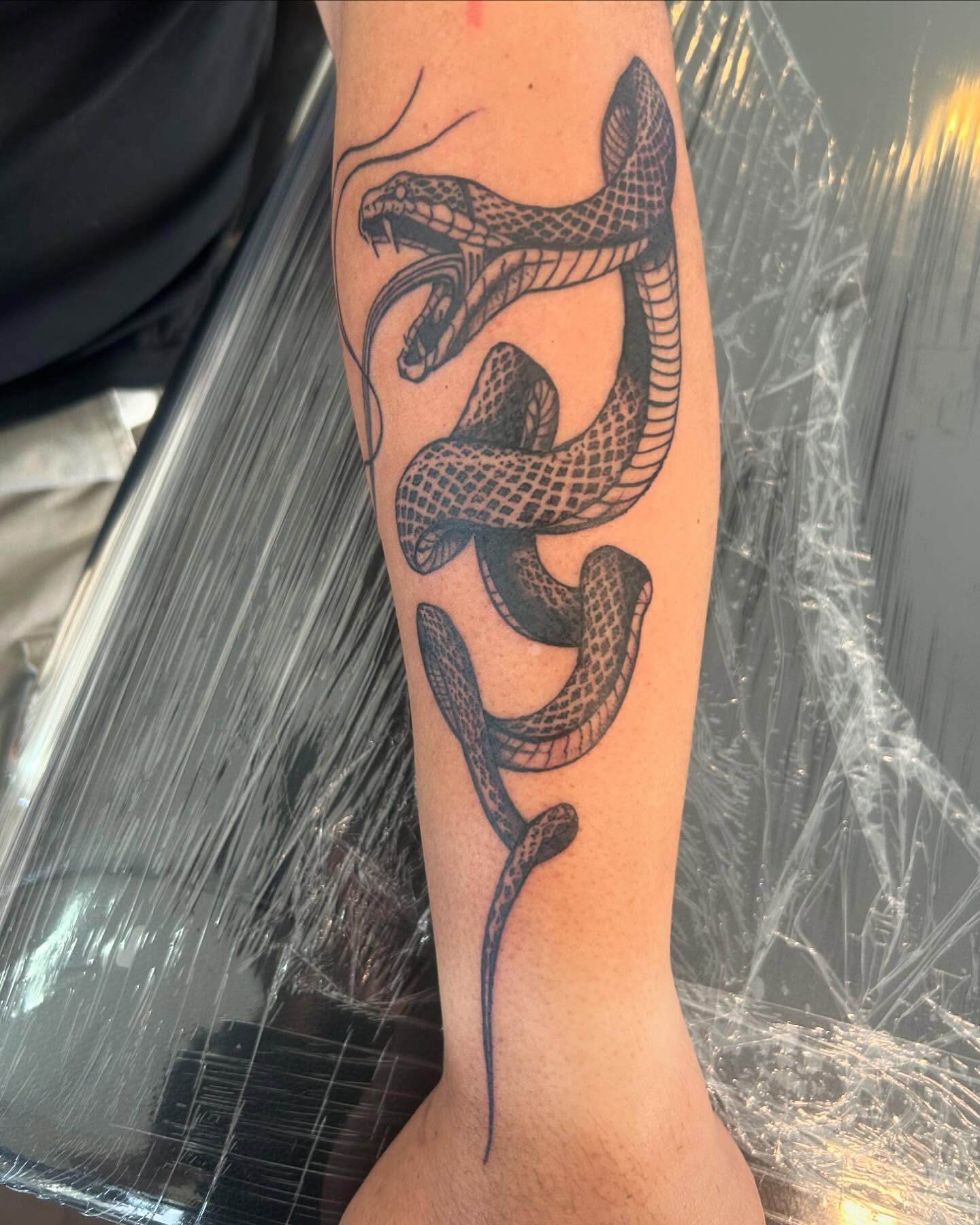 Snake black and grey tattoo on the forearm by ɢɢ sᴛʏʟᴇs