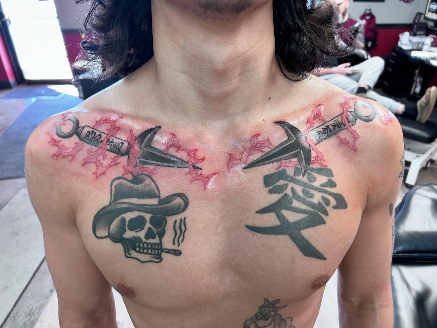 Skull with cowboy hat American traditional tattoo on the chest by Ricardo (RJ)