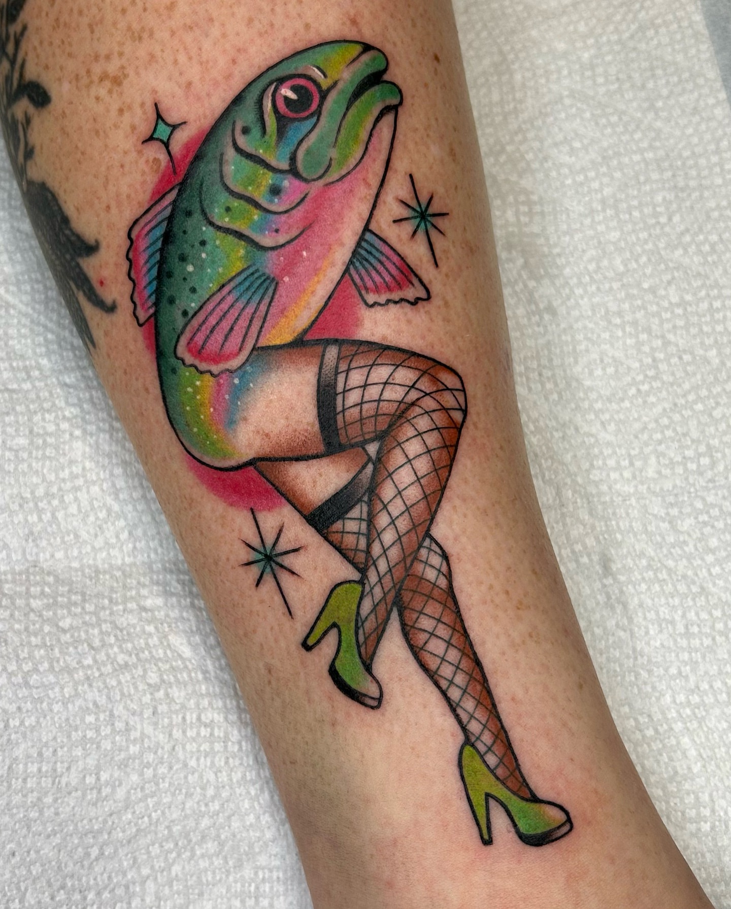 Fish in high heels American traditional tattoo on the forearm by ☻ darby robertson ☻